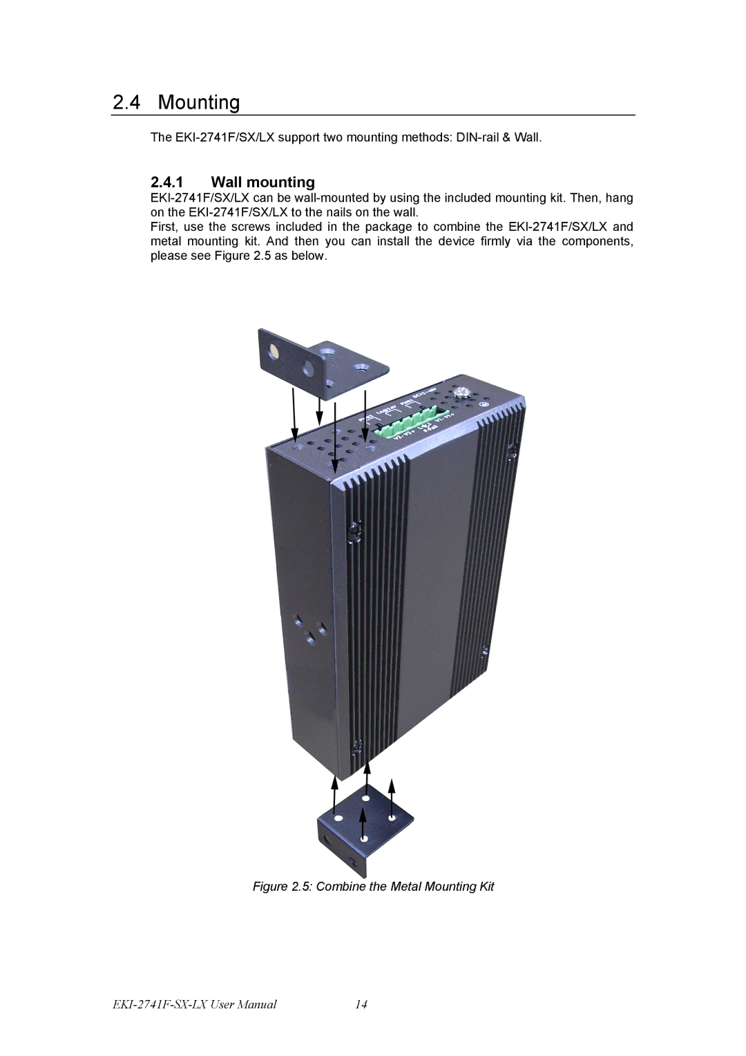 Advantech EKI-2741SX, EKI-12741F, EKI-2741LX, Fiber Optic Media Converter user manual Mounting, Wall mounting 