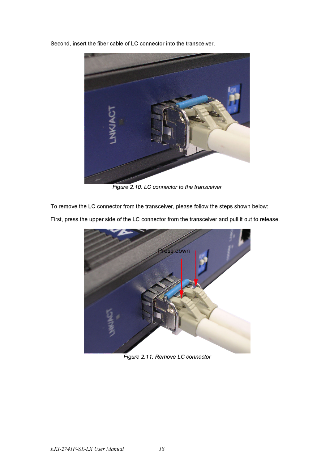 Advantech EKI-2741SX, EKI-12741F, EKI-2741LX, Fiber Optic Media Converter user manual LC connector to the transceiver 