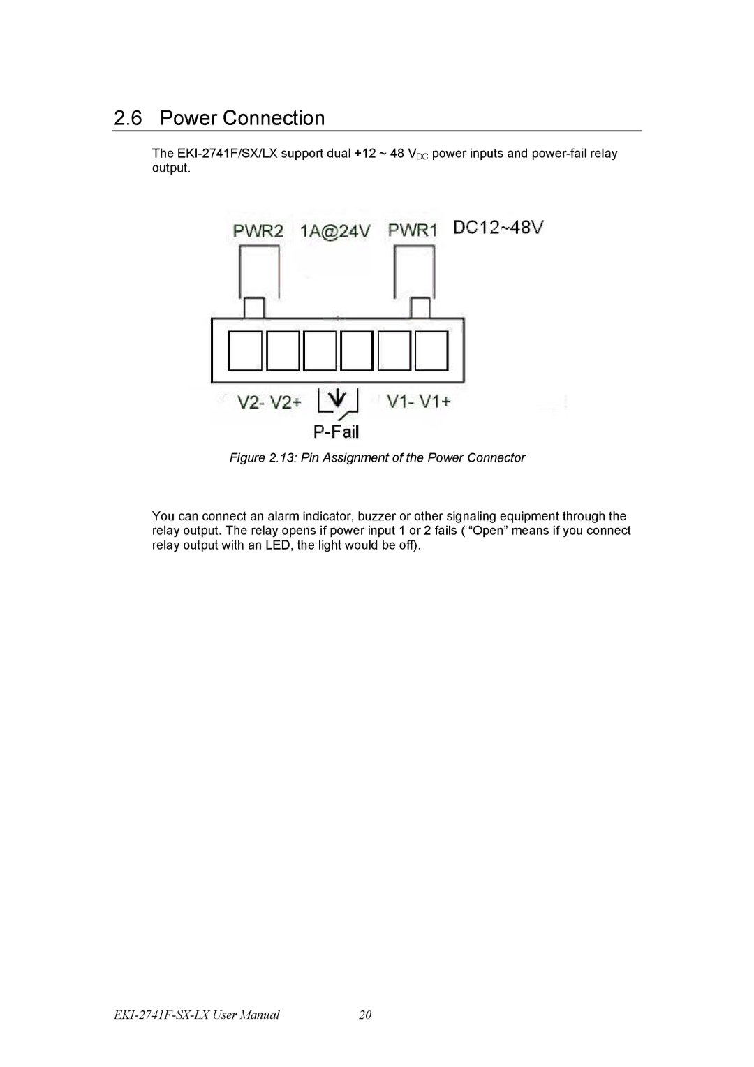 Advantech EKI-12741F, EKI-2741LX, EKI-2741SX user manual Power Connection, Pin Assignment of the Power Connector 