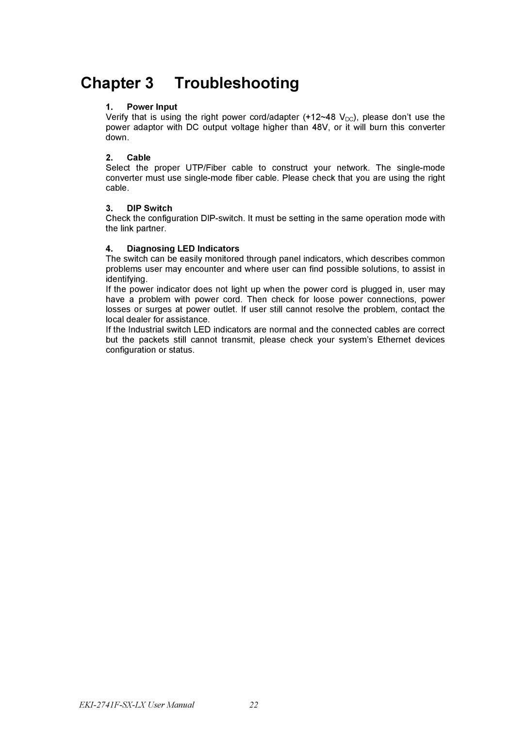 Advantech EKI-2741SX, EKI-12741F, EKI-2741LX, Fiber Optic Media Converter user manual Troubleshooting 