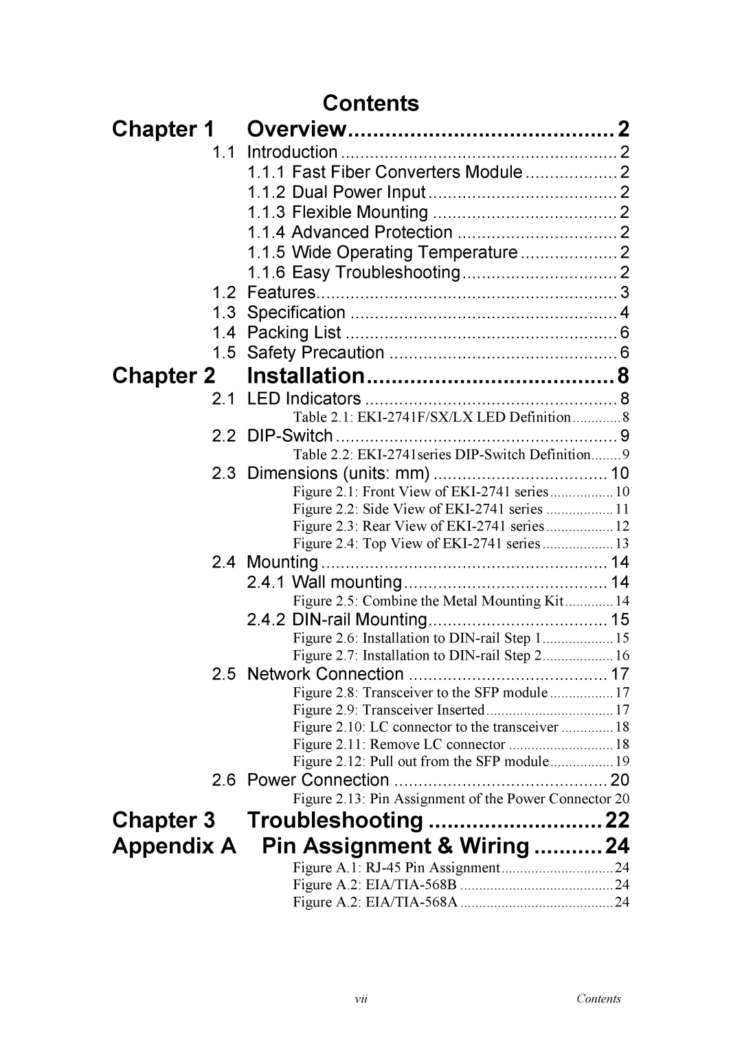 Advantech Fiber Optic Media Converter, EKI-12741F, EKI-2741LX, EKI-2741SX user manual Appendix a Pin Assignment & Wiring 