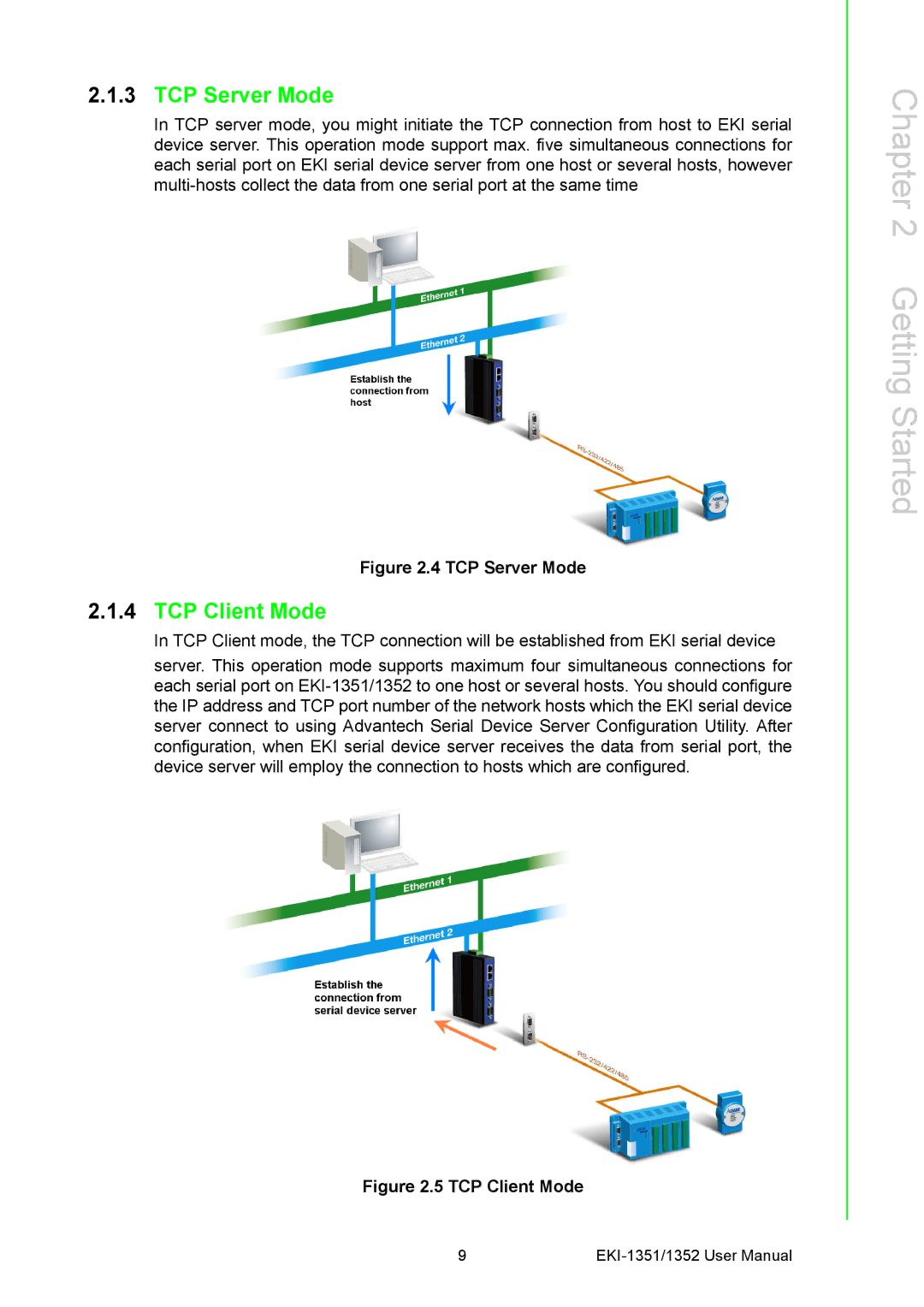 Advantech EKI-1351, EKI-1352 manual TCP Server Mode, TCP Client Mode 