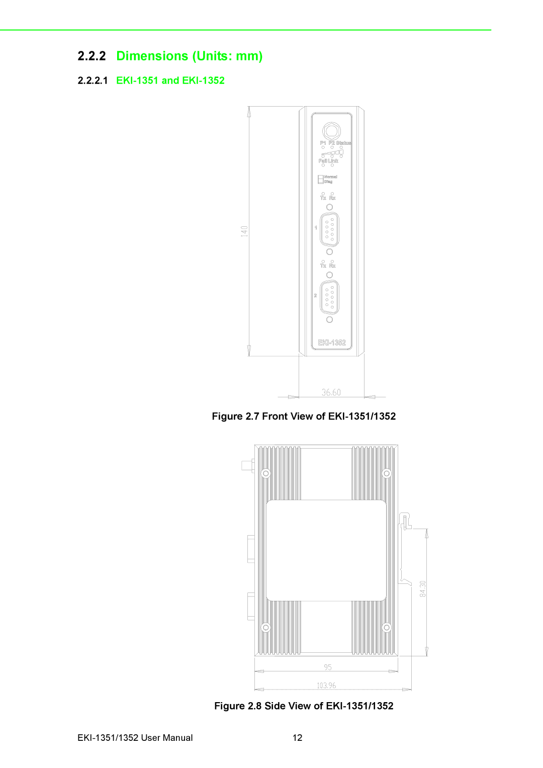 Advantech manual Dimensions Units mm, EKI-1351 and EKI-1352 