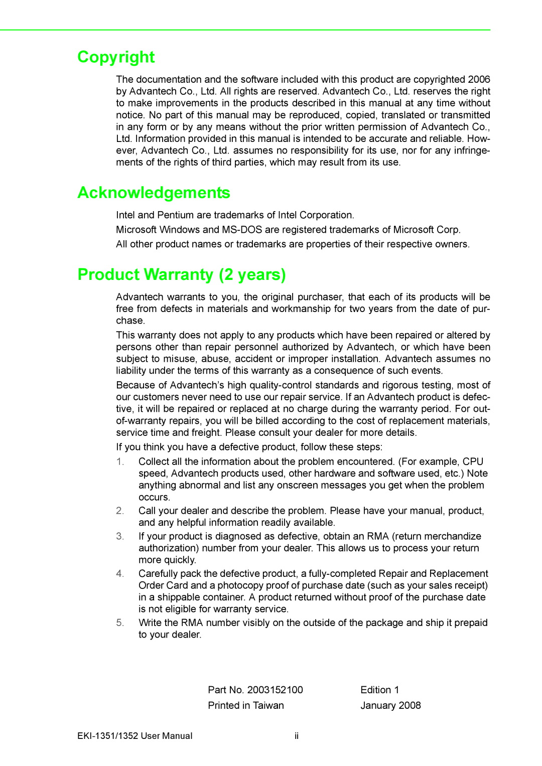 Advantech EKI-1352, EKI-1351 manual Copyright Acknowledgements, Product Warranty 2 years 