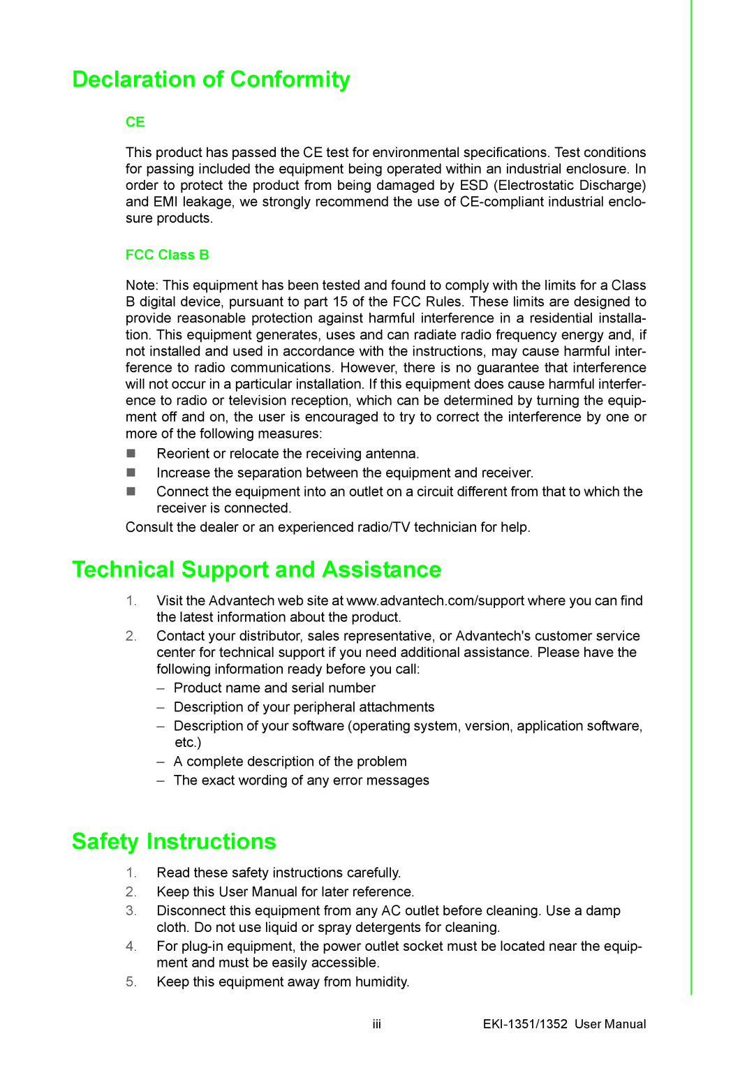 Advantech EKI-1351, EKI-1352 Declaration of Conformity, Technical Support and Assistance, Safety Instructions, FCC Class B 