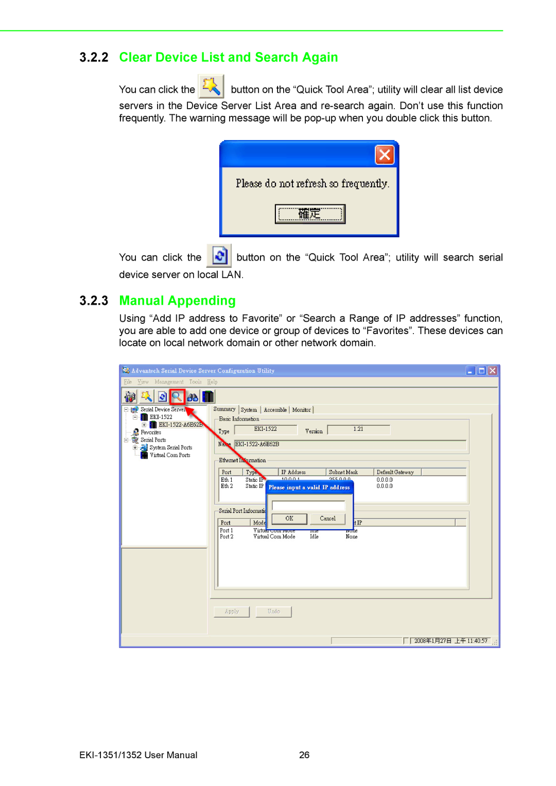 Advantech EKI-1352, EKI-1351 manual Clear Device List and Search Again, Manual Appending 