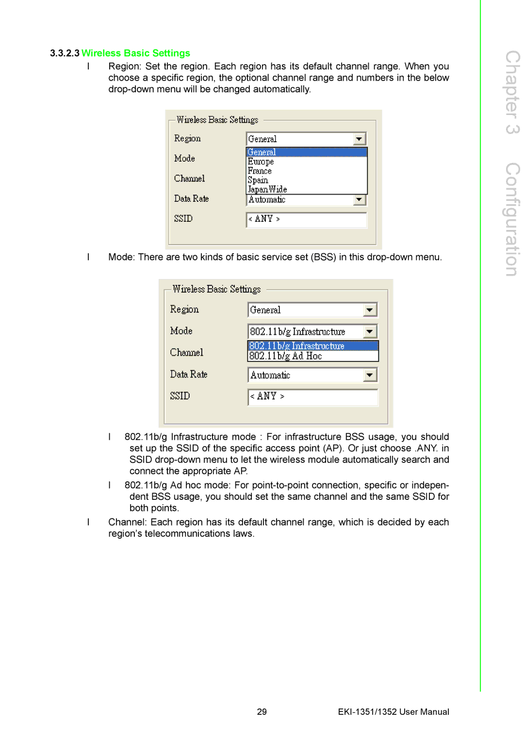 Advantech EKI-1351, EKI-1352 manual Wireless Basic Settings 