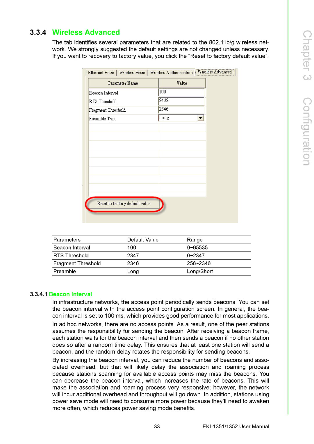 Advantech EKI-1351, EKI-1352 manual Wireless Advanced, Beacon Interval 