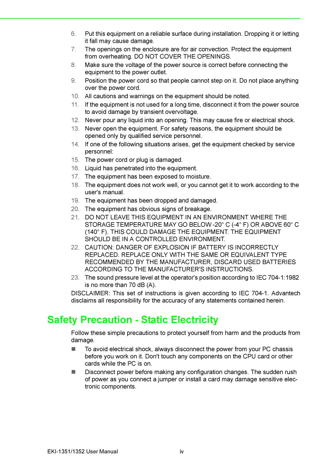 Advantech EKI-1352, EKI-1351 manual Safety Precaution Static Electricity 