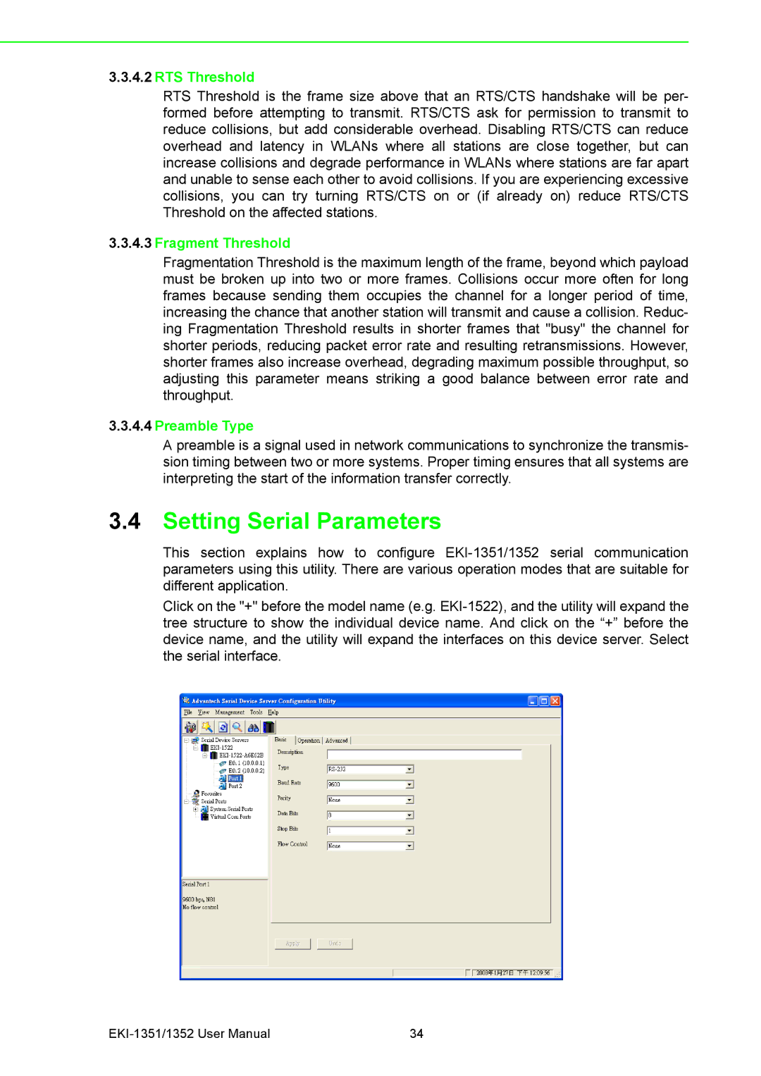 Advantech EKI-1352, EKI-1351 manual Setting Serial Parameters, RTS Threshold, Fragment Threshold, Preamble Type 