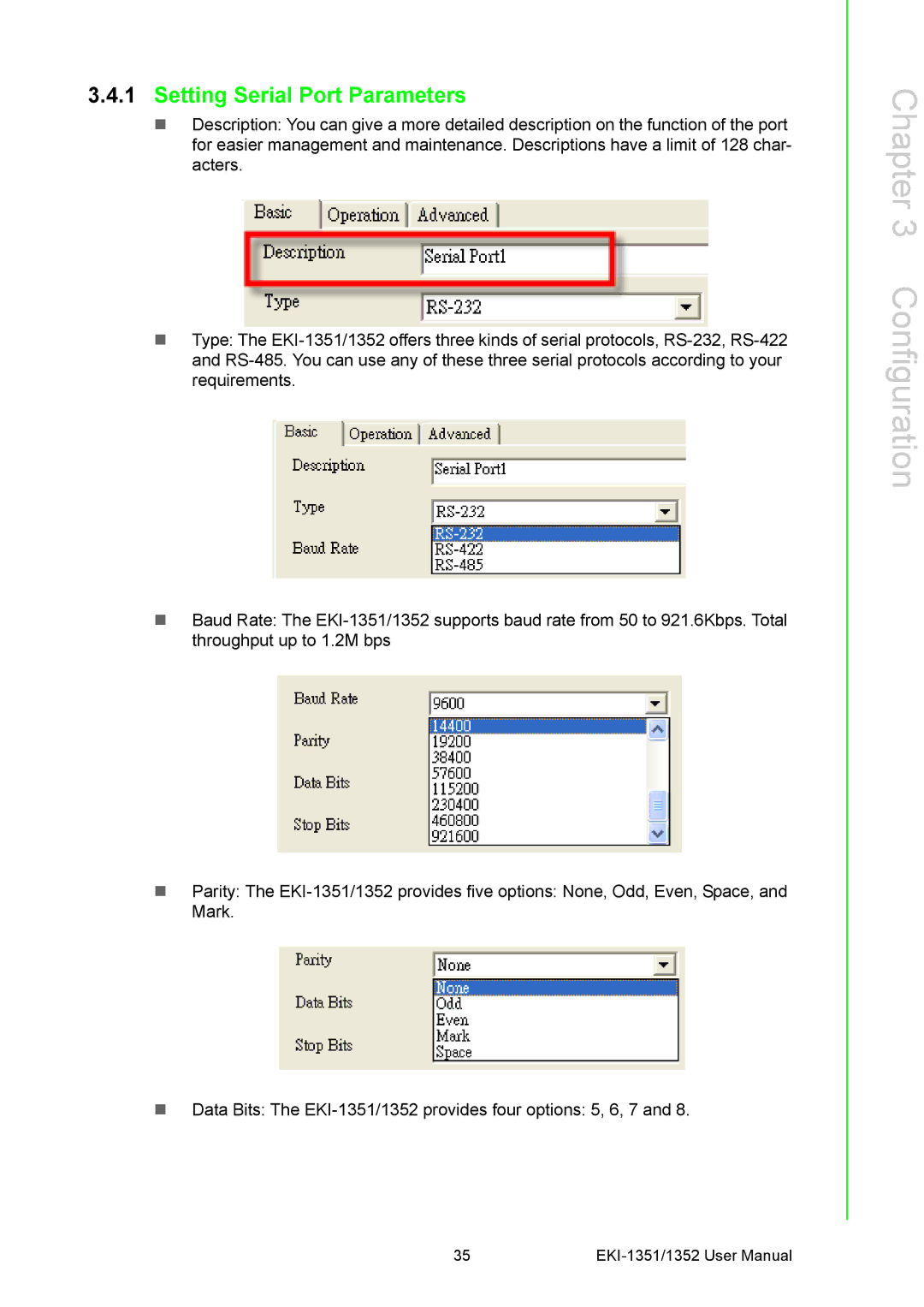 Advantech EKI-1351, EKI-1352 manual Setting Serial Port Parameters 