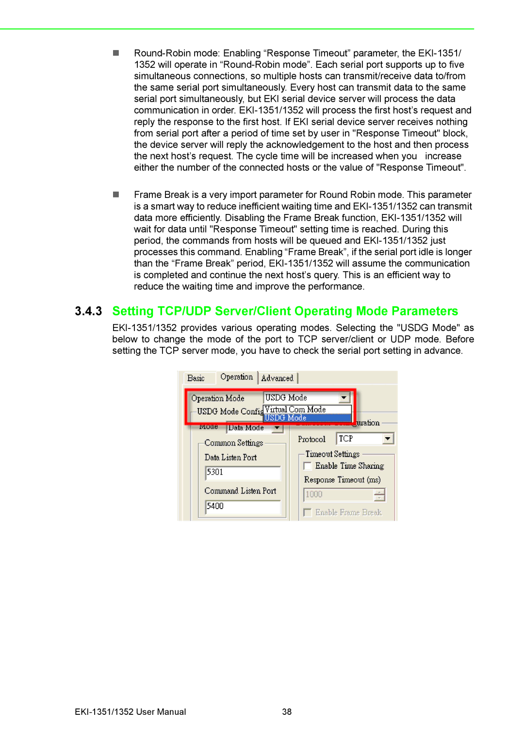 Advantech EKI-1352, EKI-1351 manual Setting TCP/UDP Server/Client Operating Mode Parameters 