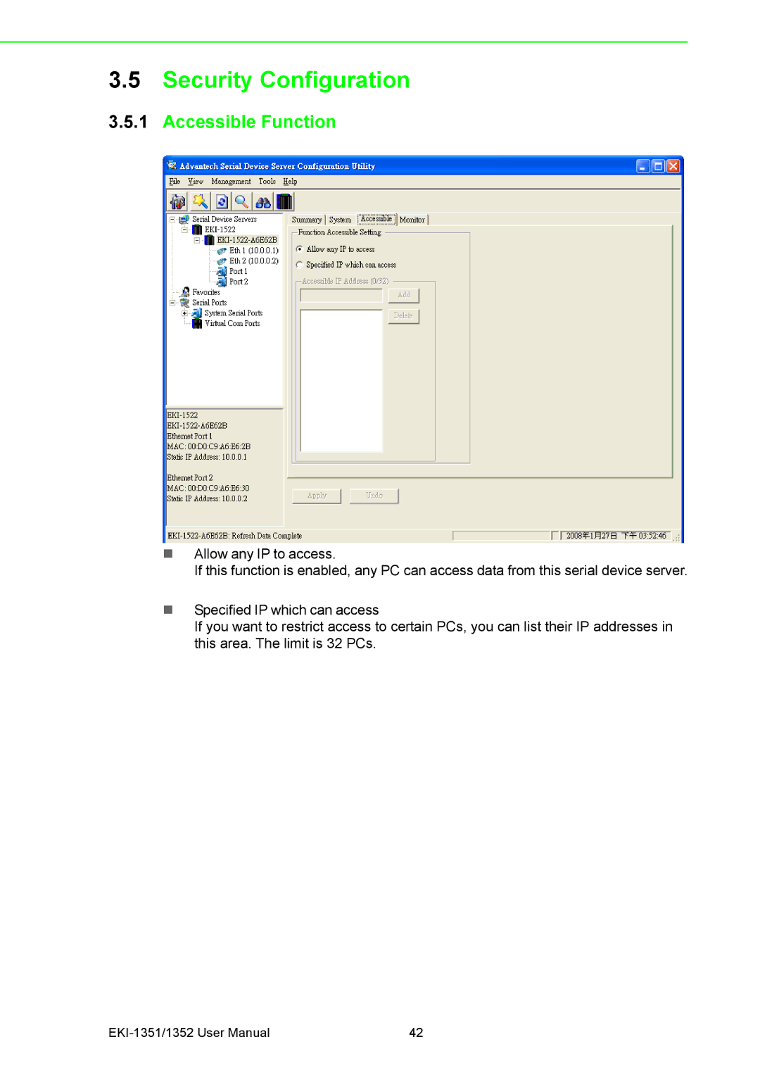 Advantech EKI-1352, EKI-1351 manual Security Configuration, Accessible Function 