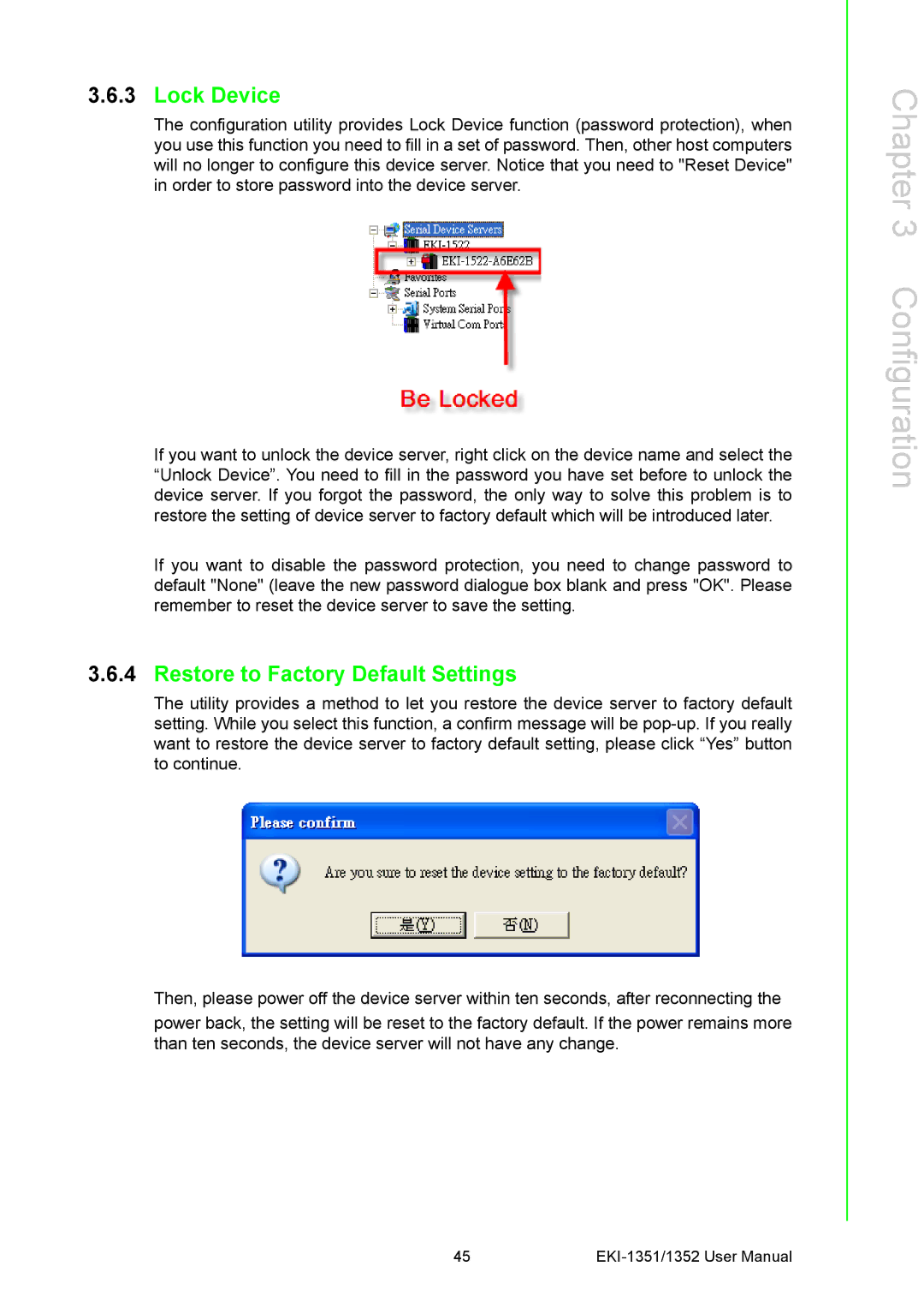 Advantech EKI-1351, EKI-1352 manual Lock Device, Restore to Factory Default Settings 