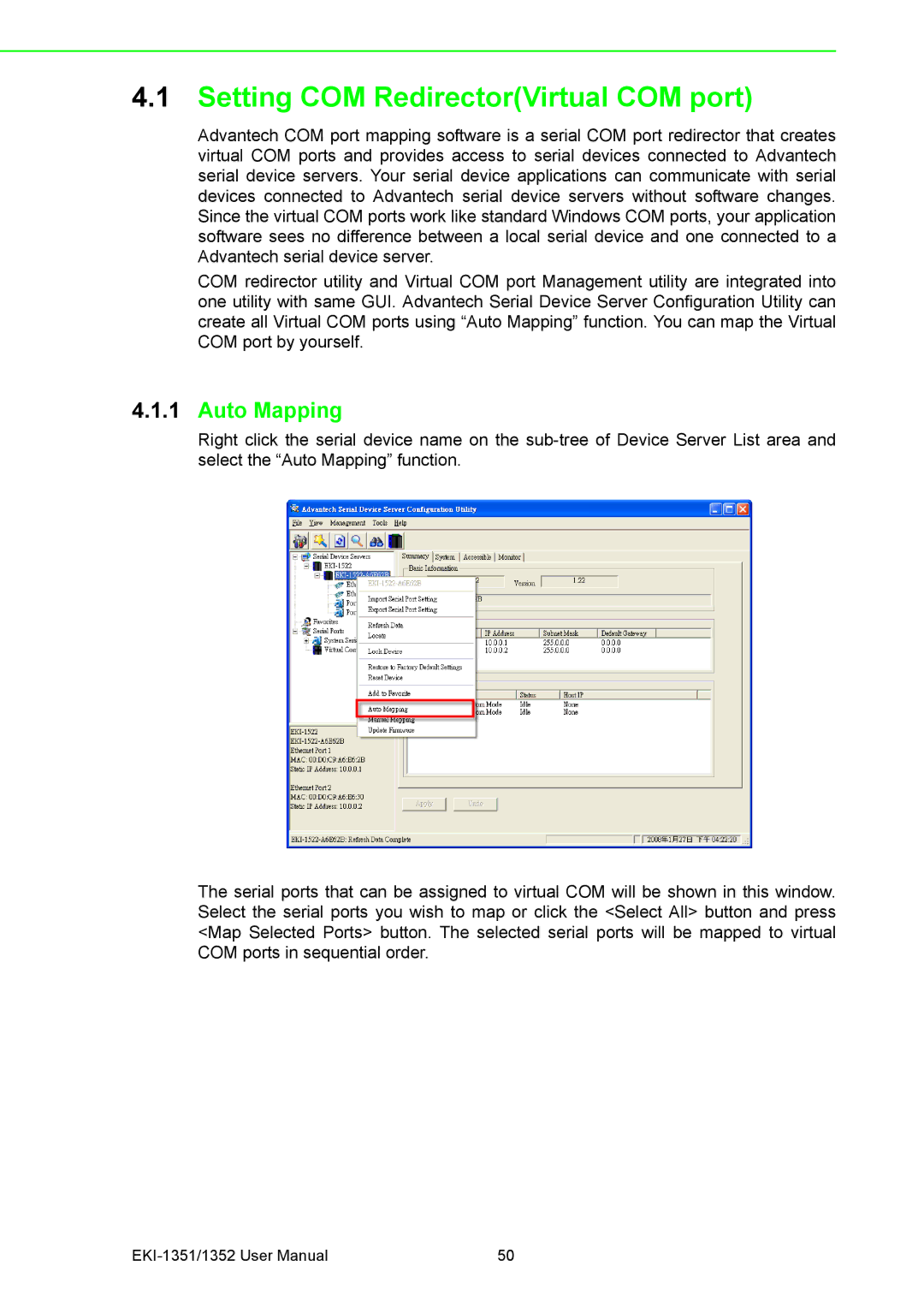 Advantech EKI-1352, EKI-1351 manual Setting COM RedirectorVirtual COM port, Auto Mapping 
