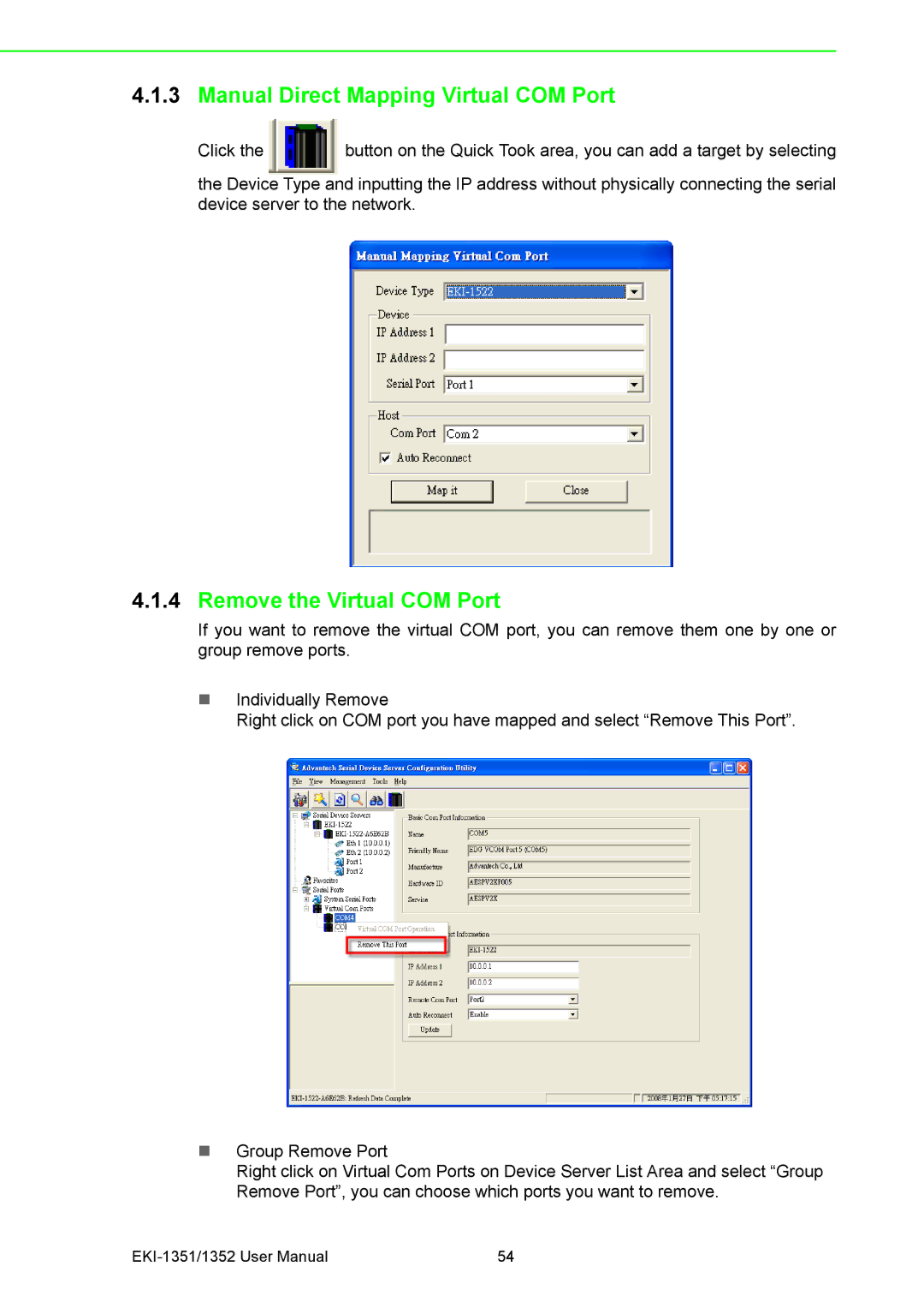 Advantech EKI-1352, EKI-1351 manual Manual Direct Mapping Virtual COM Port, Remove the Virtual COM Port 