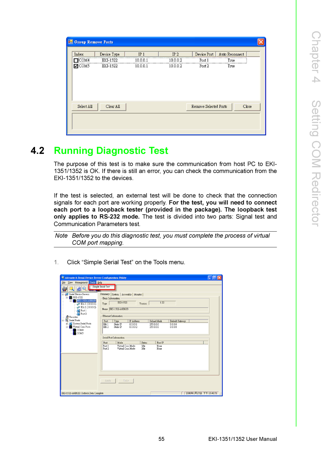 Advantech EKI-1351, EKI-1352 manual Running Diagnostic Test 