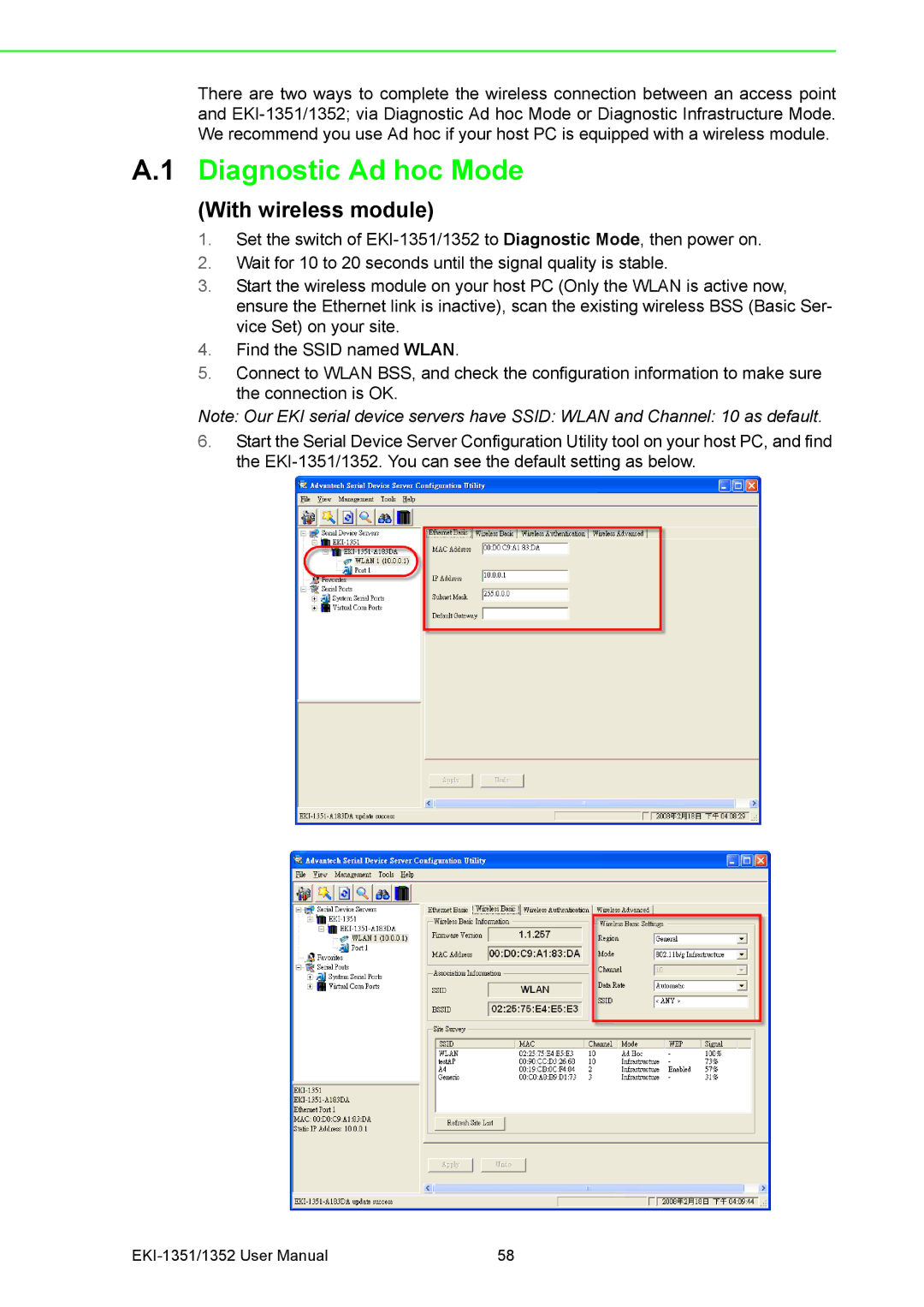 Advantech EKI-1352, EKI-1351 manual Diagnostic Ad hoc Mode, With wireless module 