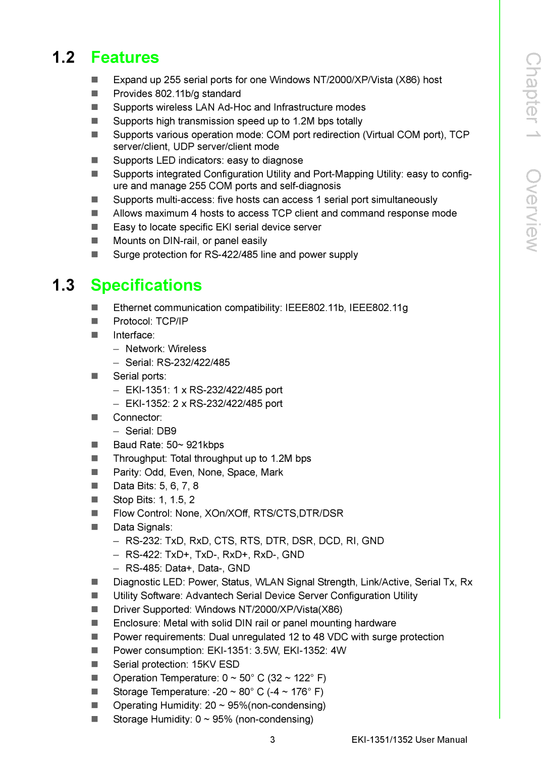 Advantech EKI-1351, EKI-1352 manual Features, Specifications 