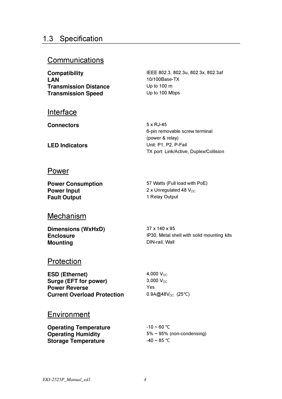 Advantech EKI-2525P user manual Specification Communications, Interface, Power, Mechanism, Protection, Environment 