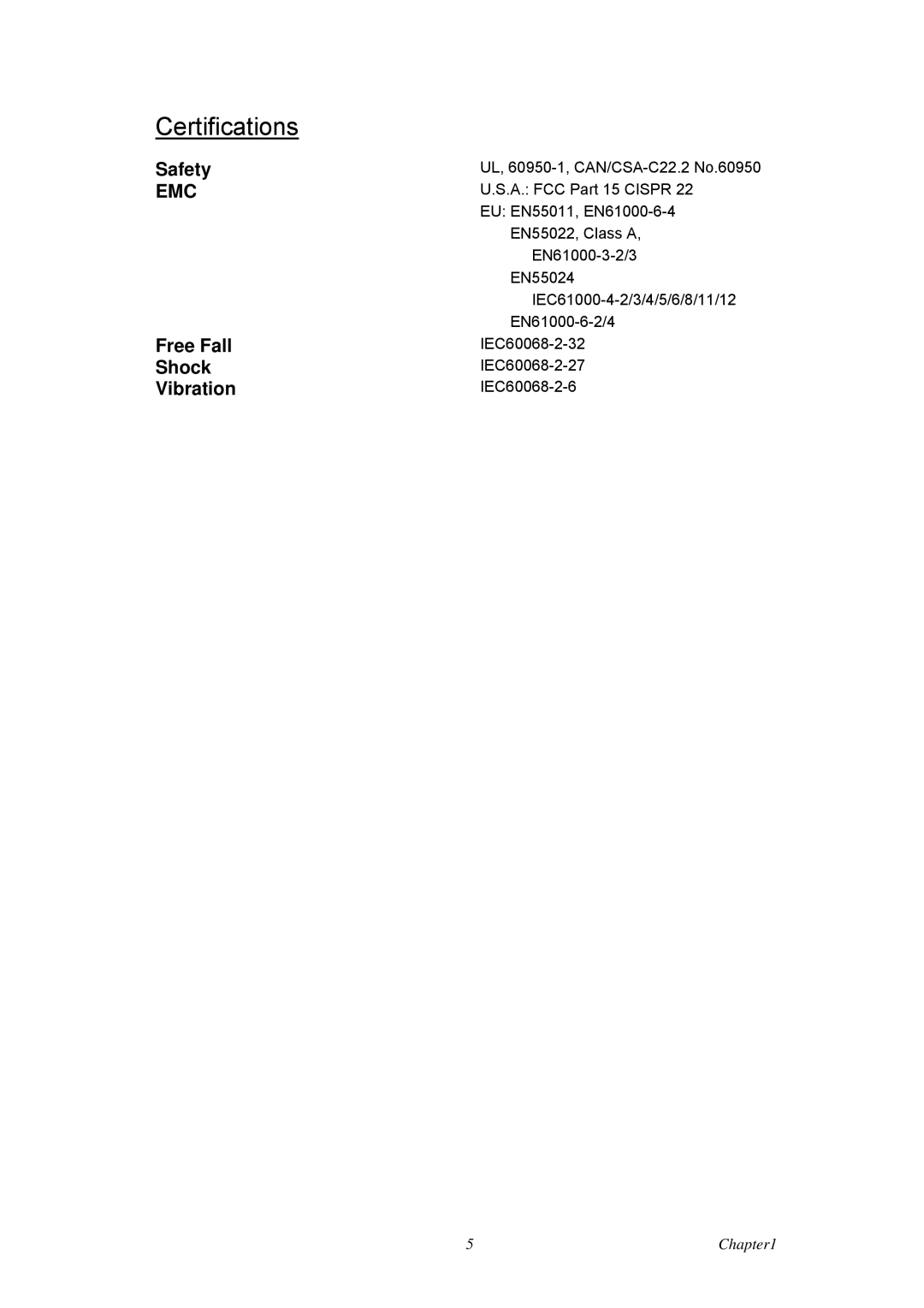 Advantech EKI-2525P user manual Certifications, Safety, Free Fall, Shock, Vibration 