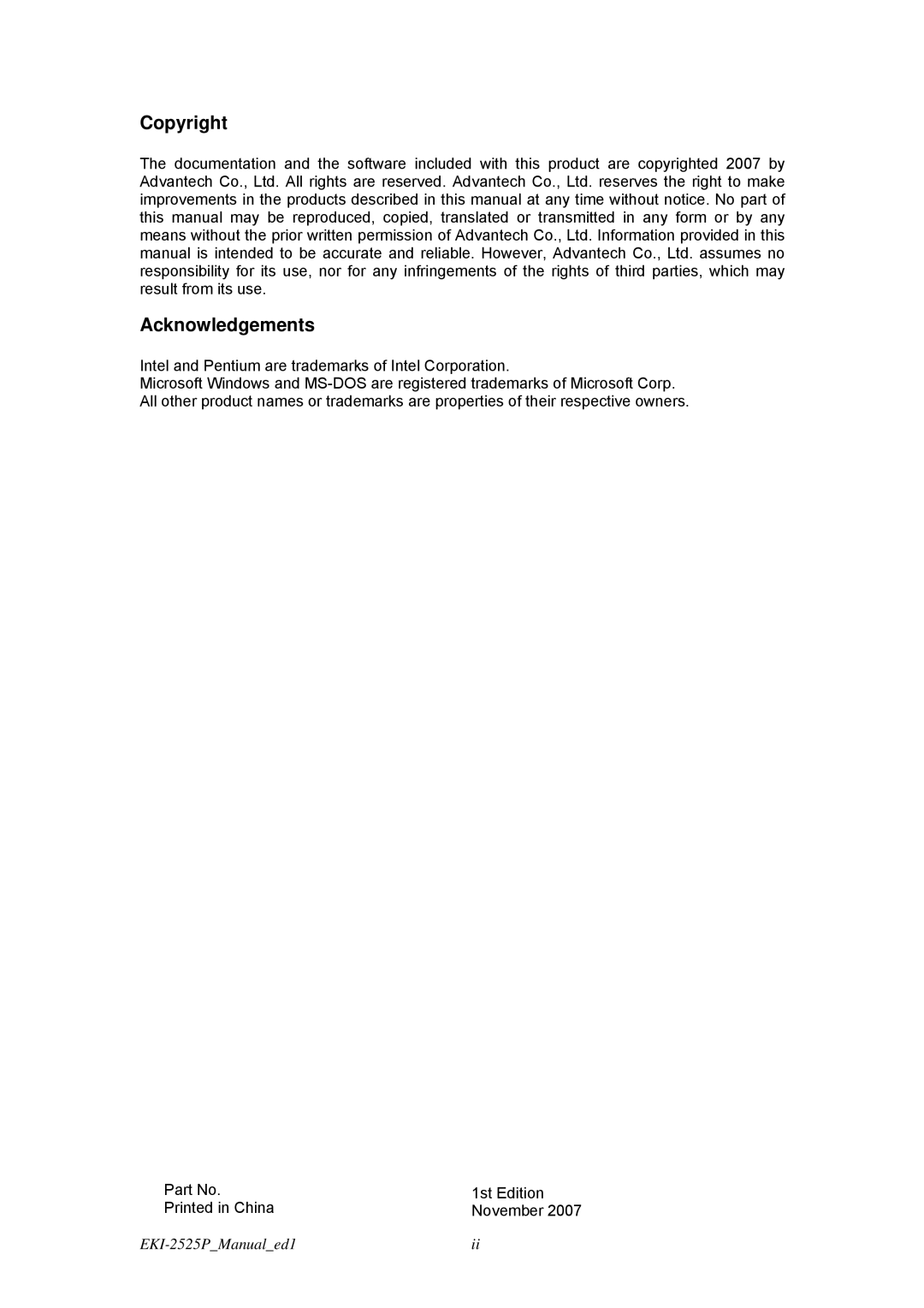 Advantech EKI-2525P user manual Copyright Acknowledgements 