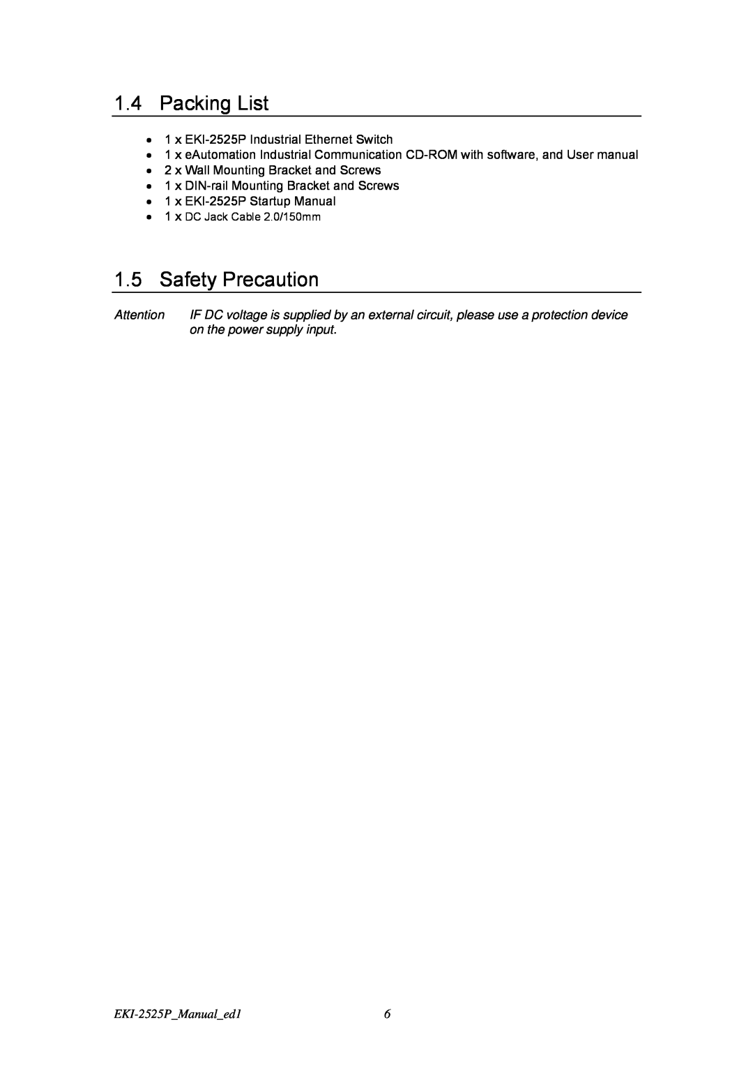 Advantech user manual Packing List, Safety Precaution, on the power supply input, EKI-2525PManualed1 