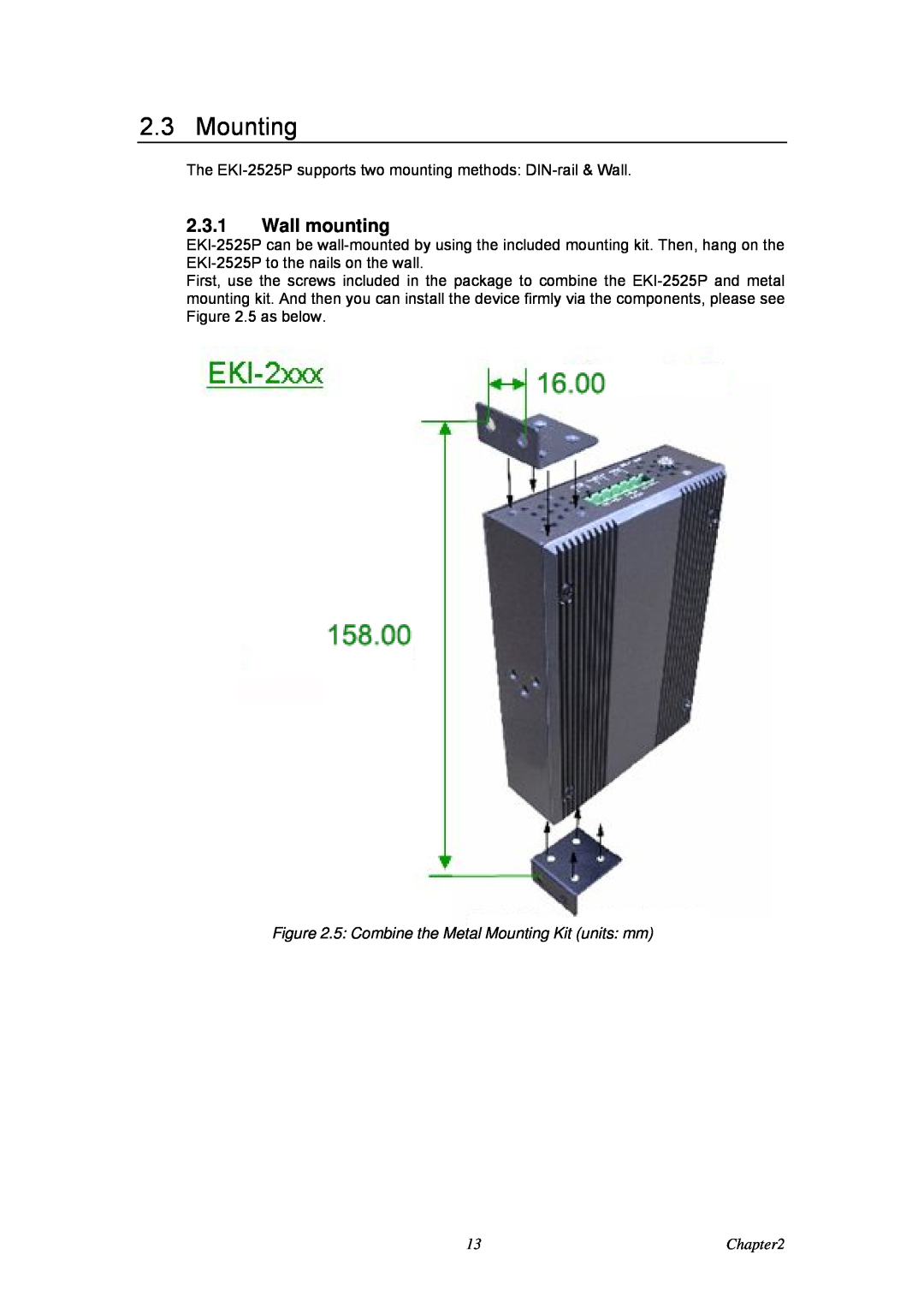 Advantech EKI-2525P user manual Wall mounting, 5 Combine the Metal Mounting Kit units mm 