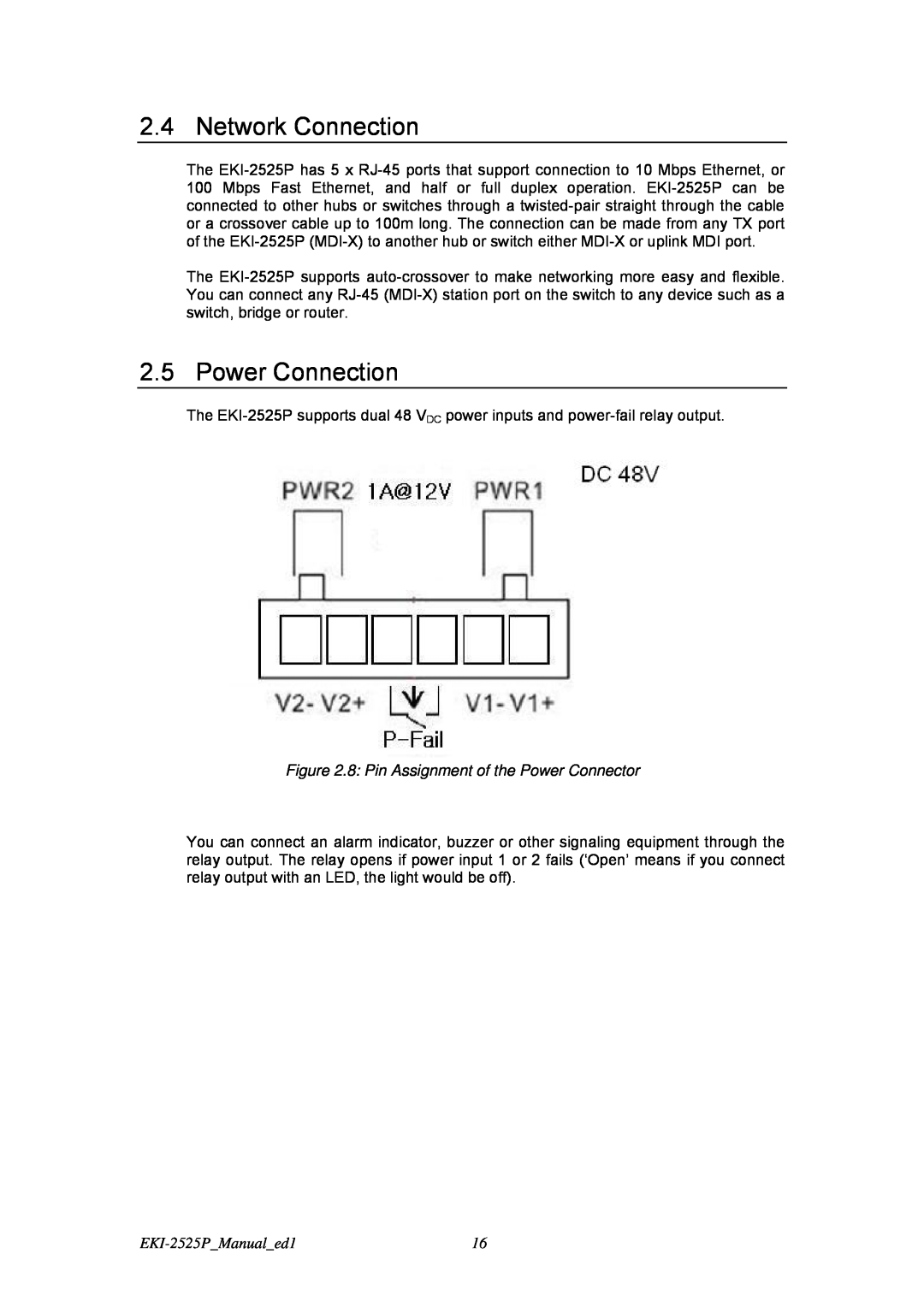 Advantech user manual Network Connection, Power Connection, 8 Pin Assignment of the Power Connector, EKI-2525PManualed1 