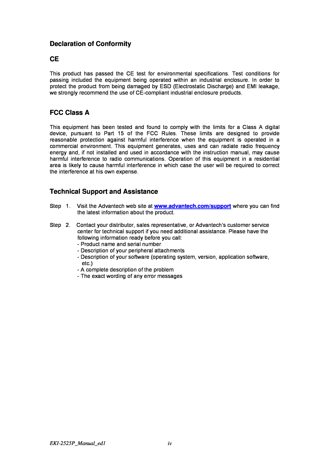 Advantech user manual Declaration of Conformity CE, FCC Class A, Technical Support and Assistance, EKI-2525PManualed1 