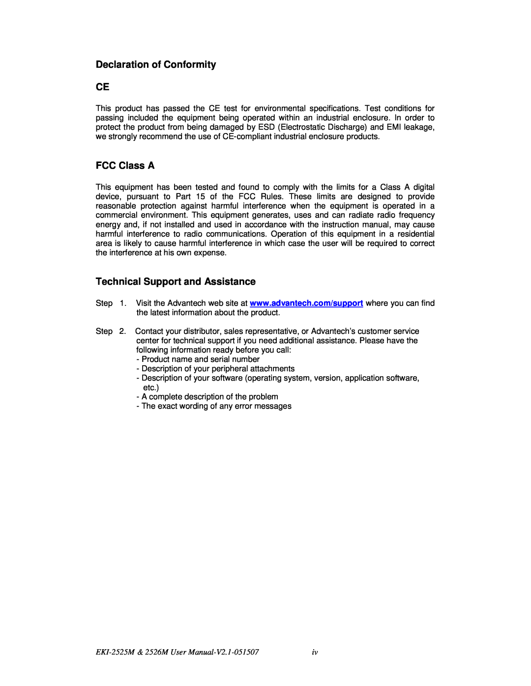 Advantech EKI-2526M, EKI-2525M user manual Declaration of Conformity CE, FCC Class A, Technical Support and Assistance 