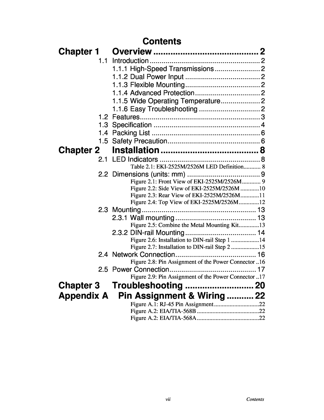 Advantech EKI-2525M Contents, Chapter, Appendix A Pin Assignment & Wiring, Installation, Troubleshooting, Overview 