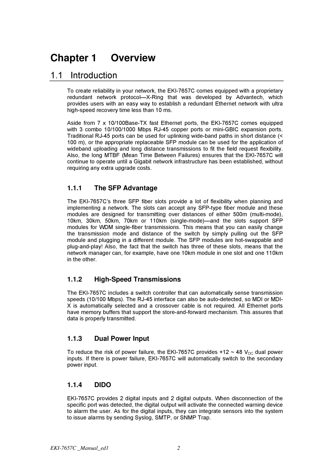 Advantech EKI-7657C user manual Introduction, SFP Advantage, High-Speed Transmissions, Dual Power Input, Dido 