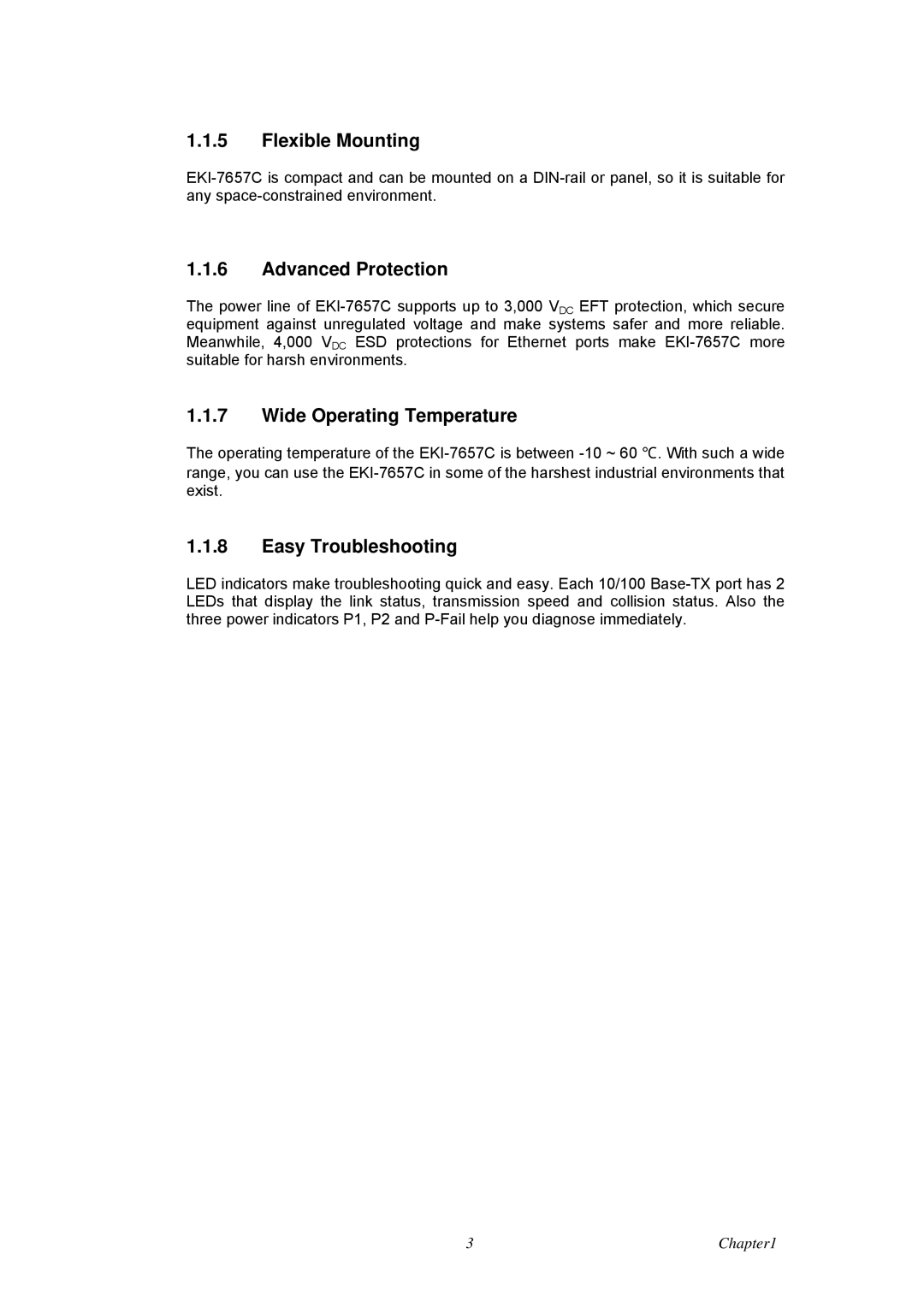 Advantech EKI-7657C user manual Flexible Mounting, Advanced Protection, Wide Operating Temperature, Easy Troubleshooting 