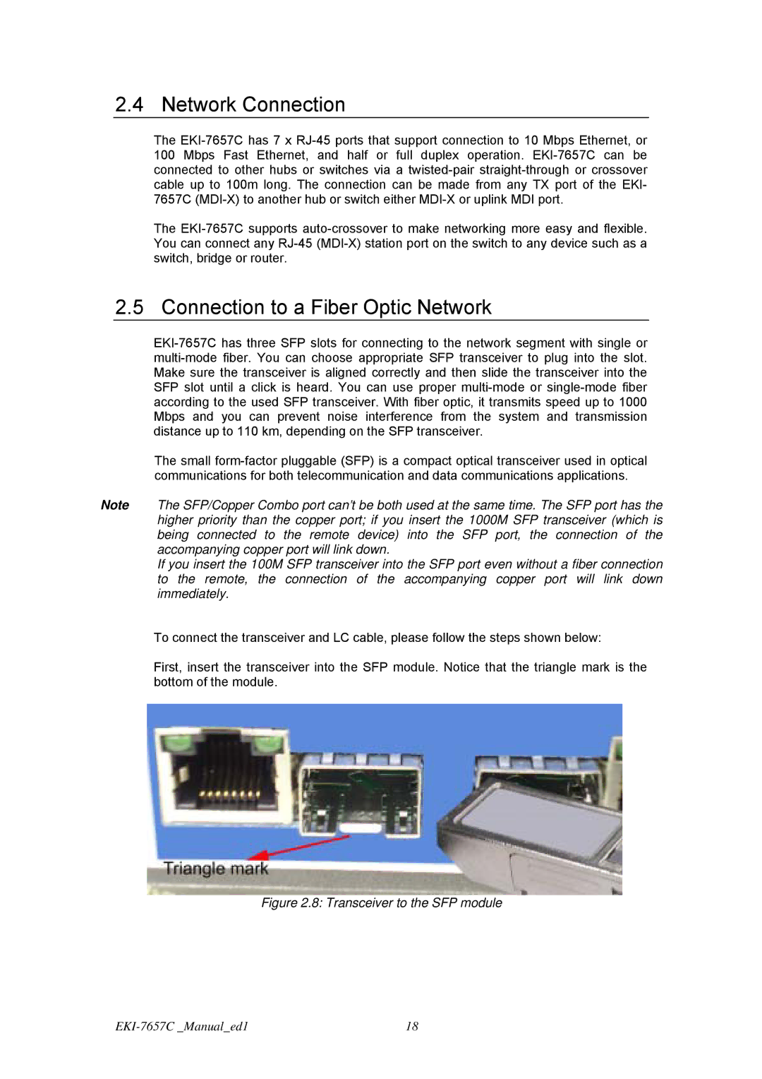 Advantech EKI-7657C user manual Network Connection, Connection to a Fiber Optic Network 