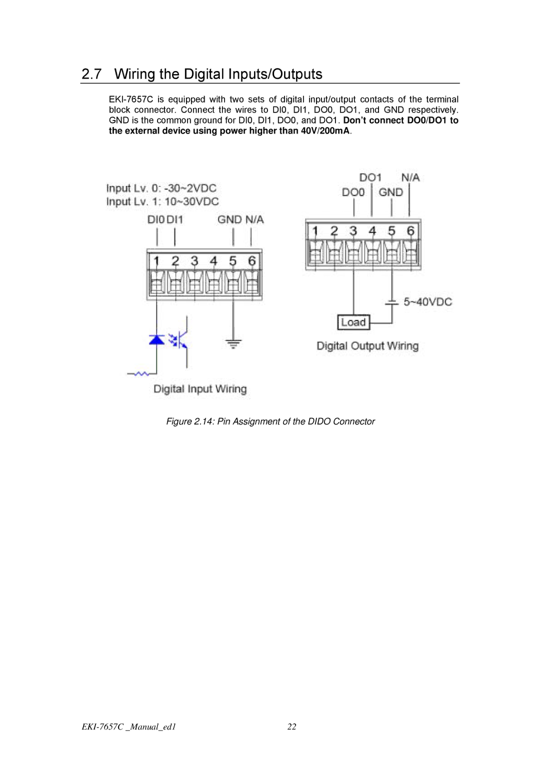 Advantech EKI-7657C user manual Wiring the Digital Inputs/Outputs, Pin Assignment of the Dido Connector 