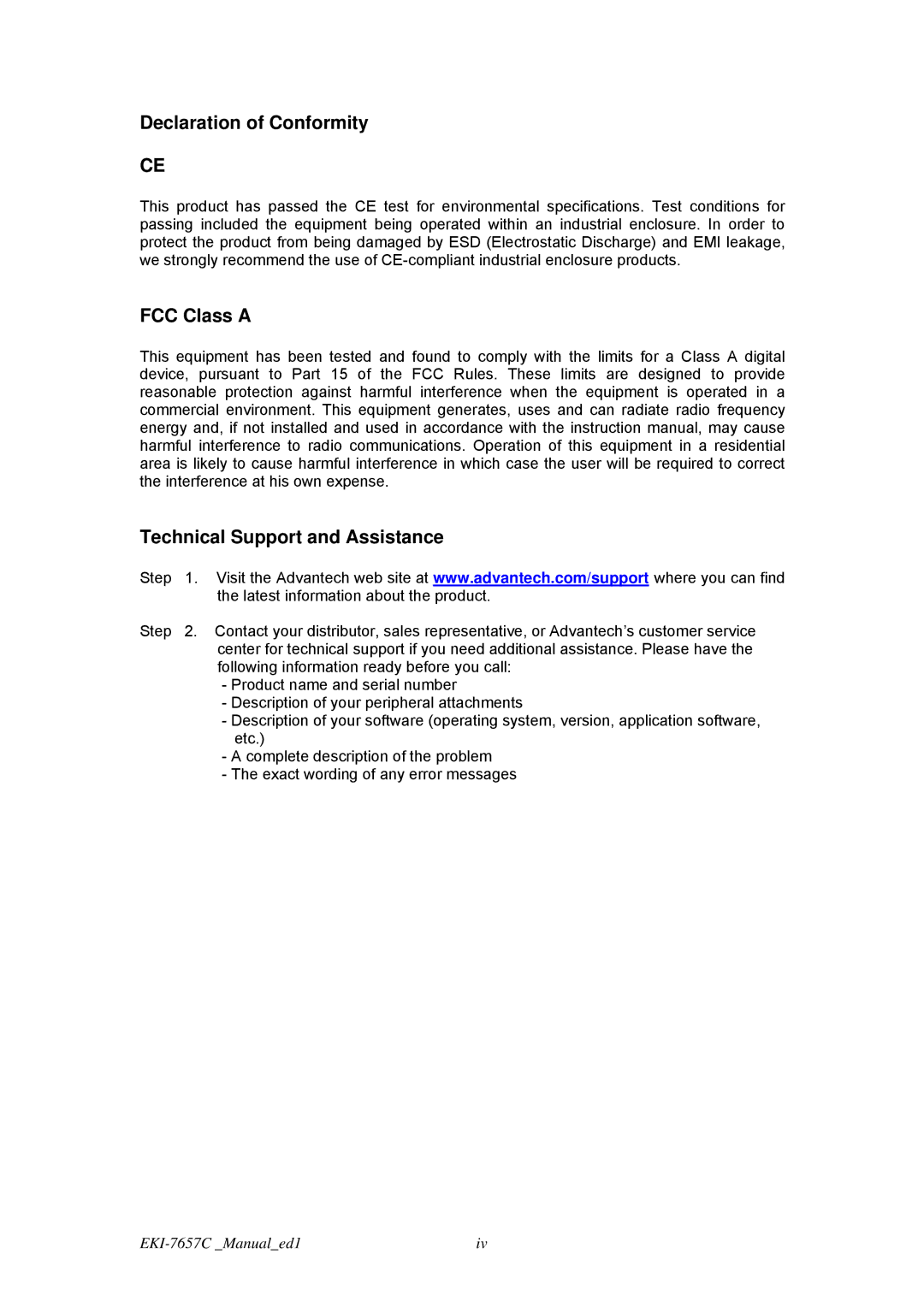 Advantech EKI-7657C user manual Declaration of Conformity, FCC Class a Technical Support and Assistance 