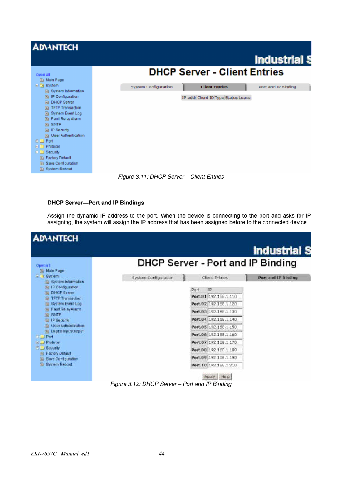 Advantech EKI-7657C user manual Dhcp Server Client Entries, Dhcp Server-Port and IP Bindings 