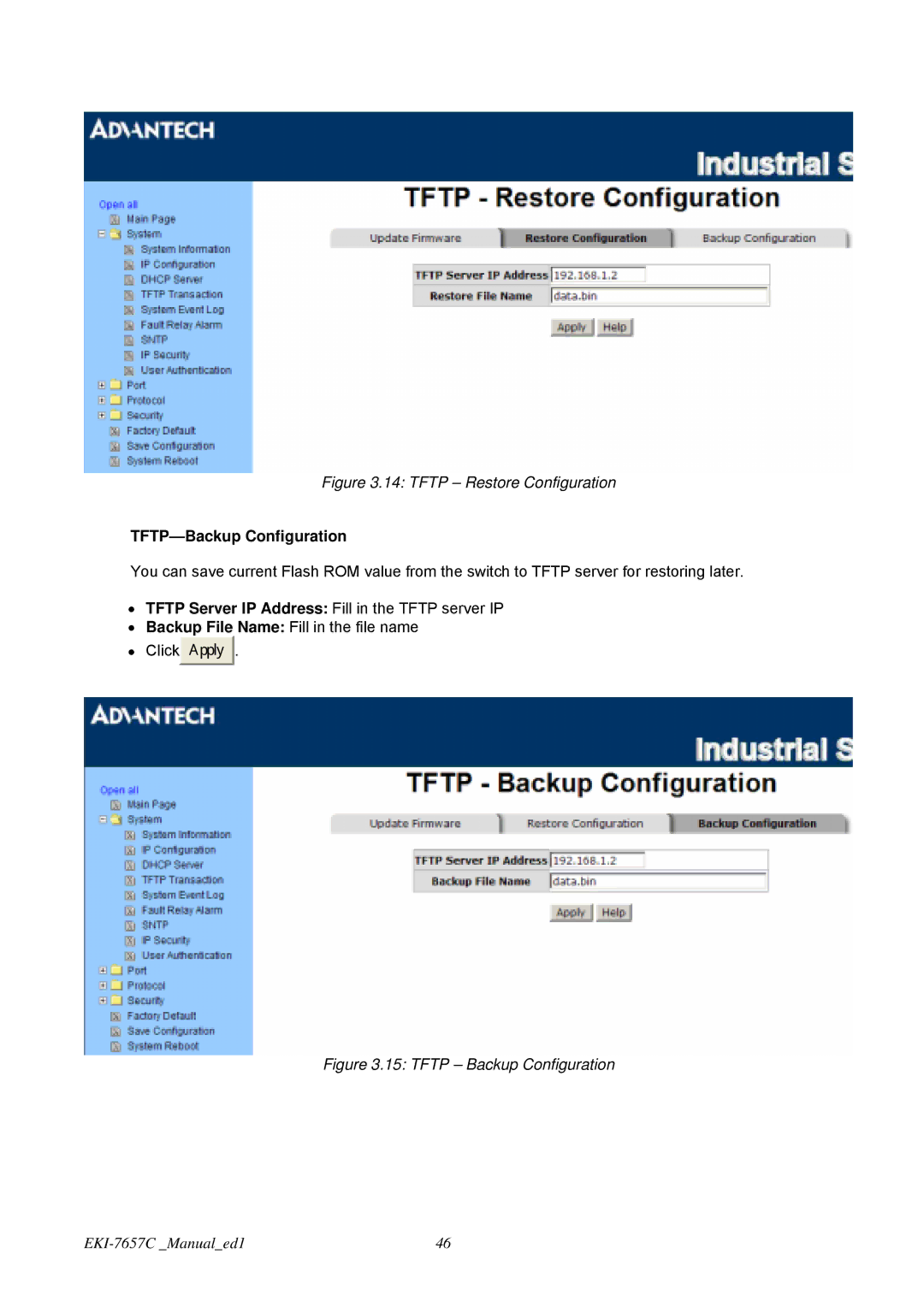 Advantech EKI-7657C user manual Tftp Restore Configuration, TFTP-Backup Configuration 