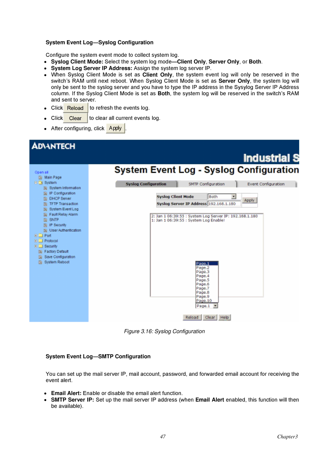 Advantech EKI-7657C user manual System Event Log-Syslog Configuration, System Event Log-SMTP Configuration 