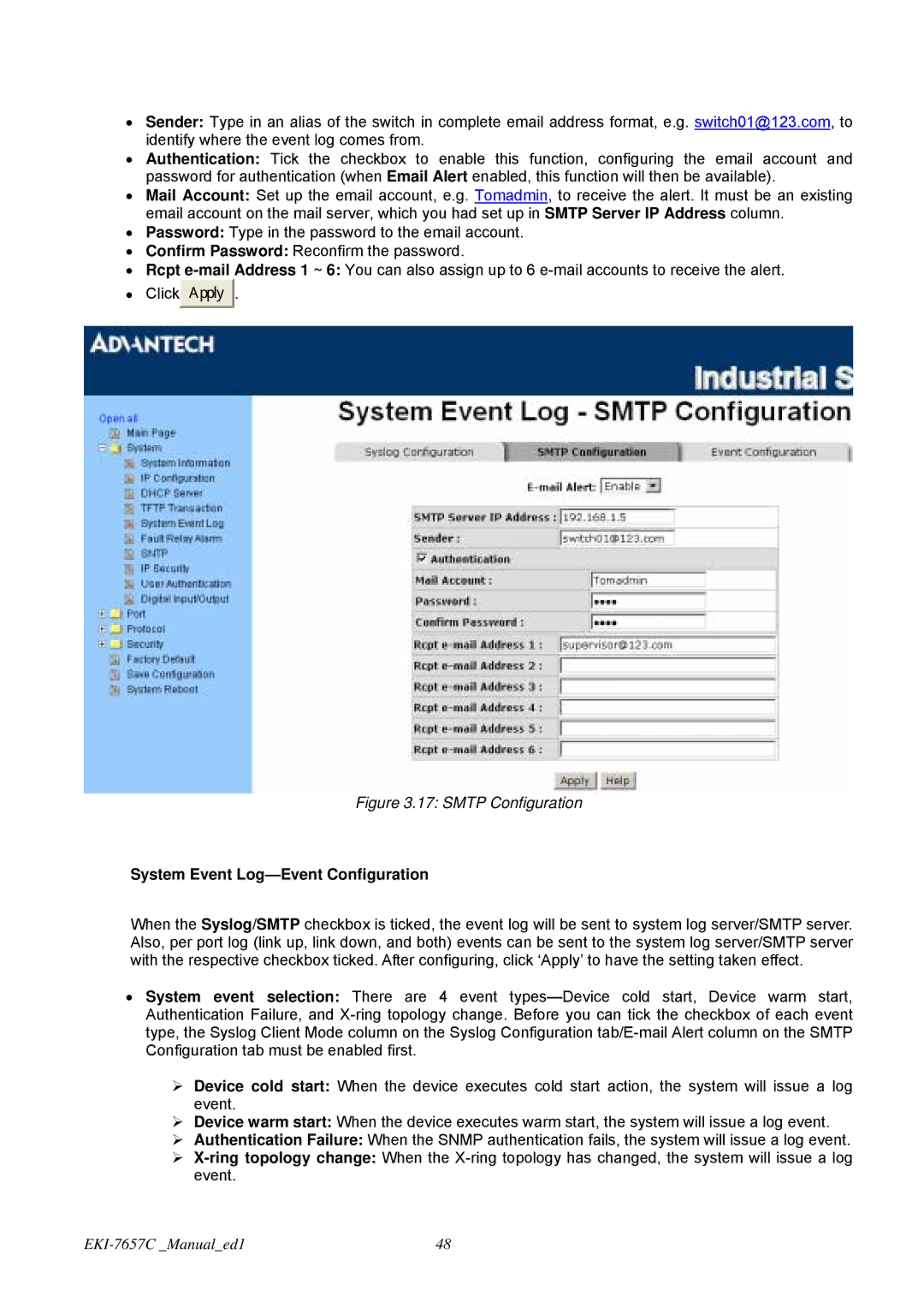 Advantech EKI-7657C user manual Smtp Configuration, System Event Log-Event Configuration 