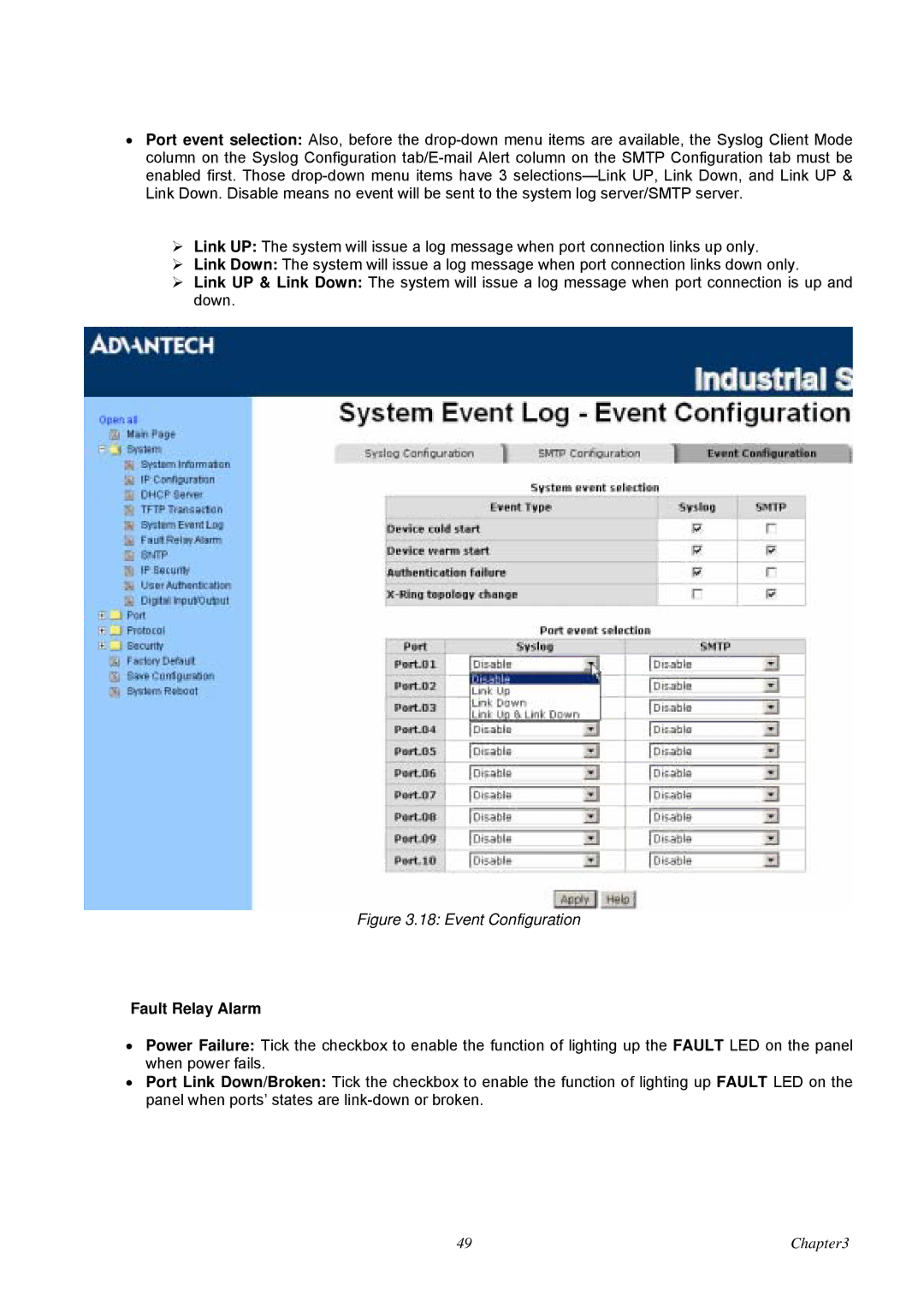 Advantech EKI-7657C user manual Event Configuration, Fault Relay Alarm 