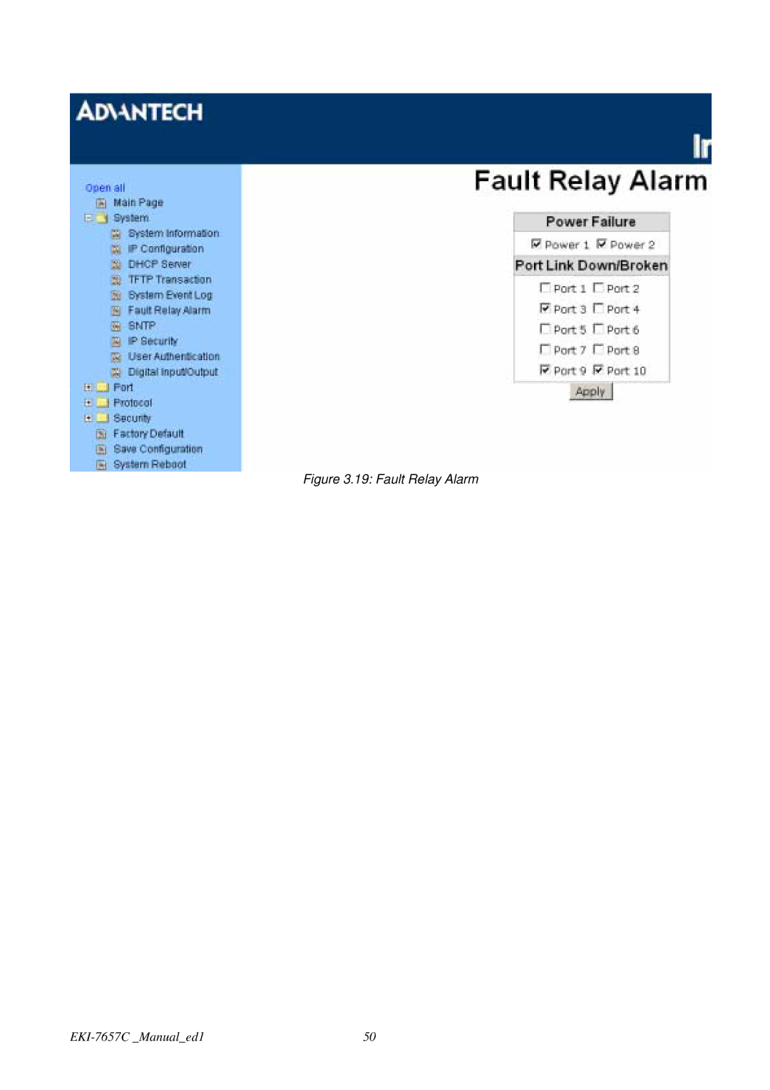 Advantech EKI-7657C user manual Fault Relay Alarm 