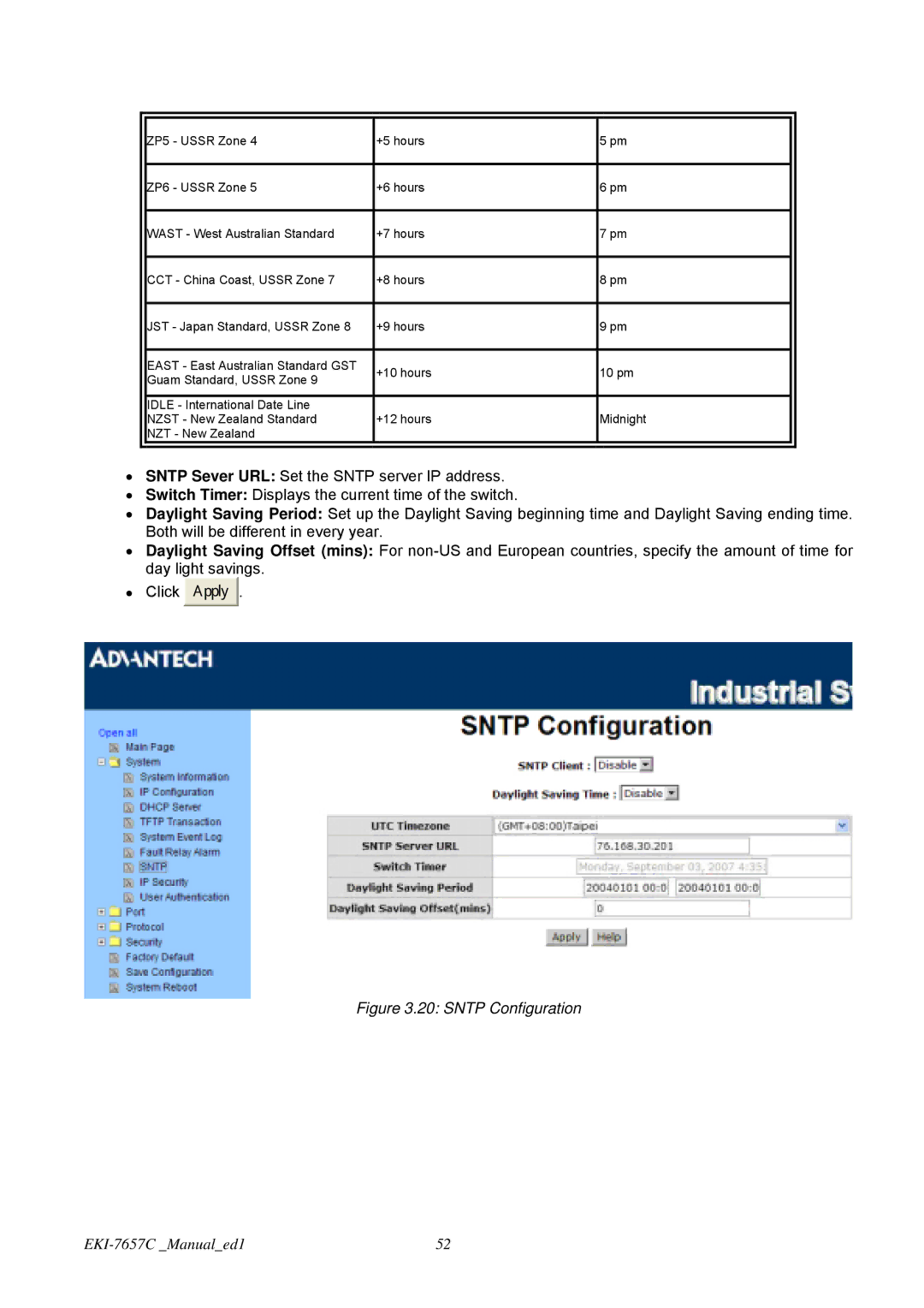 Advantech EKI-7657C user manual Sntp Configuration 