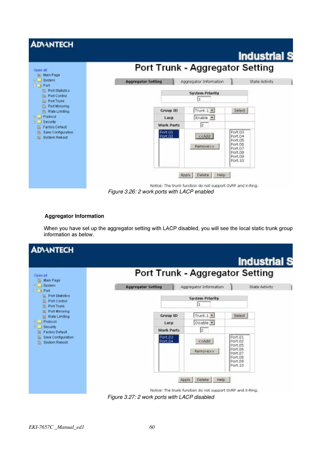 Advantech EKI-7657C user manual 26 2 work ports with Lacp enabled, Aggregator Information 