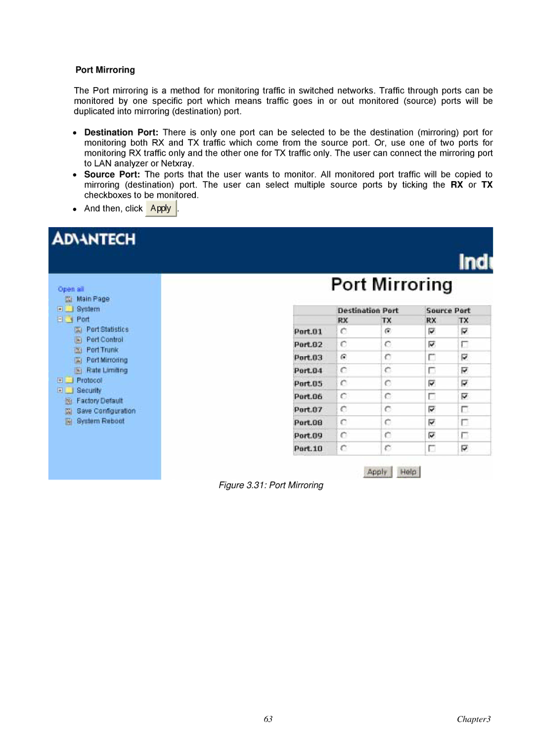 Advantech EKI-7657C user manual Port Mirroring 