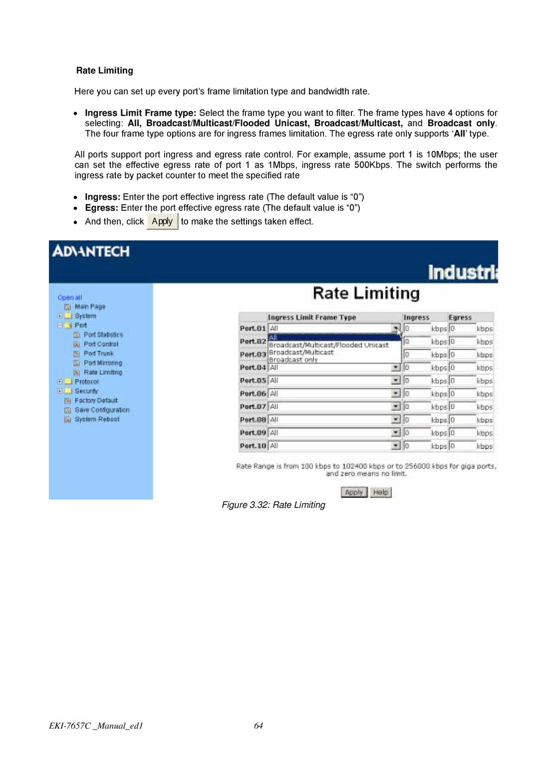 Advantech EKI-7657C user manual Rate Limiting 