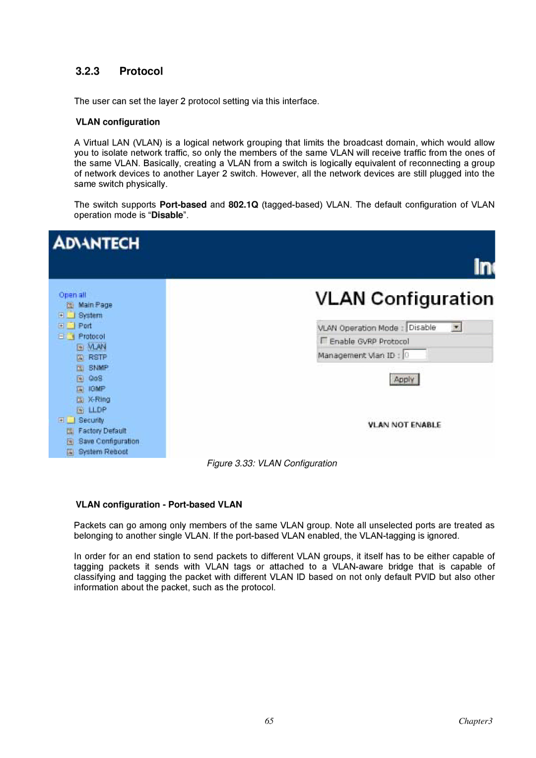 Advantech EKI-7657C user manual Protocol, Vlan configuration Port-based Vlan 