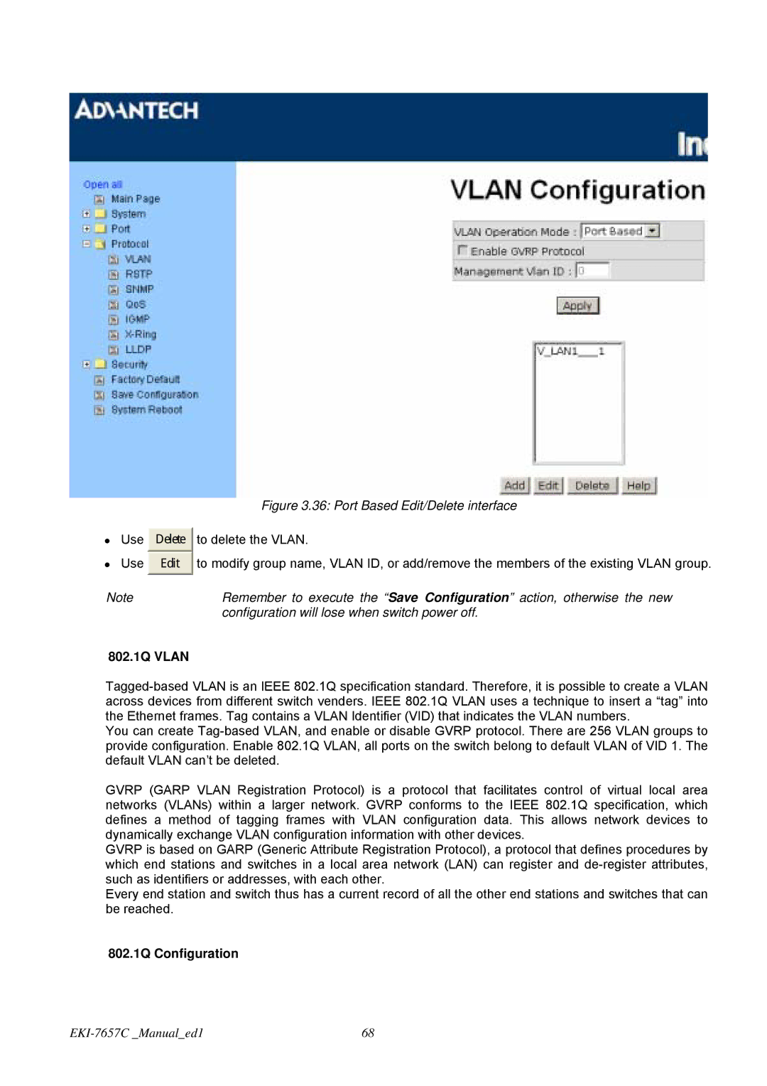 Advantech EKI-7657C user manual 802.1Q Vlan, 802.1Q Configuration 