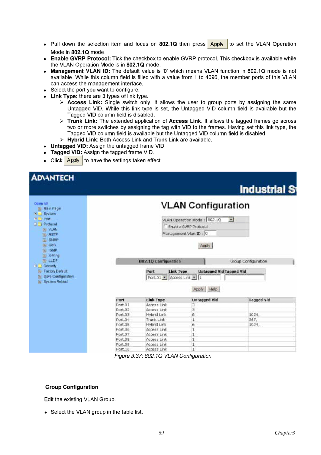 Advantech EKI-7657C user manual 37 802.1Q Vlan Configuration, Group Configuration 